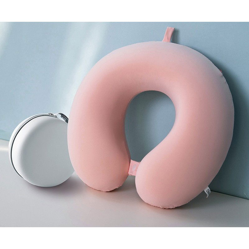 Perna de Calatorie in Forma de U, Flippy, Pentru Gat si Cap, Umplutura din Spuma cu Memorie, 30x30 cm, Sistem Prindere Capse, Cutie de Depozitare, Roz [4]