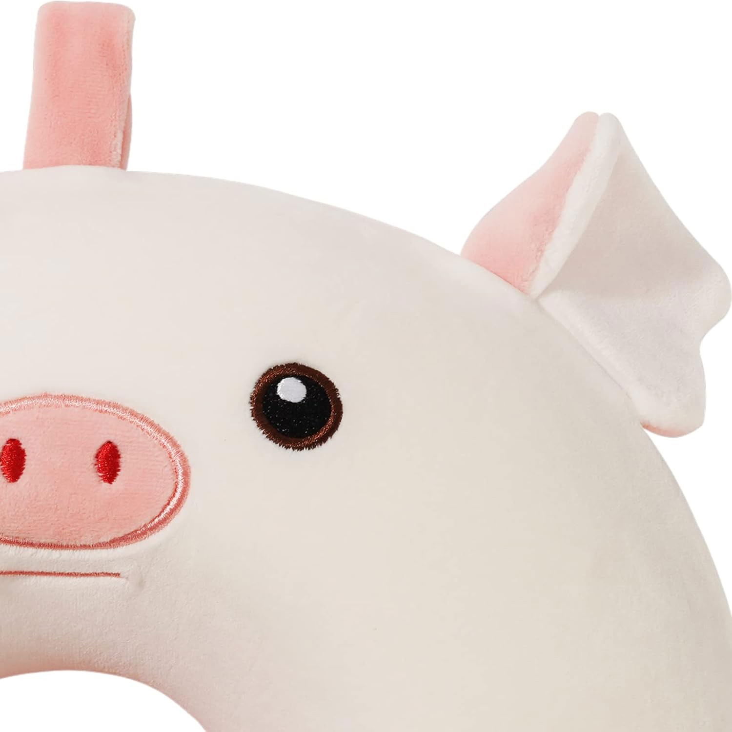 Perna de Calatorie in Forma de U, Flippy, Pentru Gat si Cap, Umplutura din Spuma cu Memorie, 30x30 cm, Model Purcelus, Accesoriu de Voiaj, Birou, Masina, Sistem Prindere Capse, Alb-Roz [4]