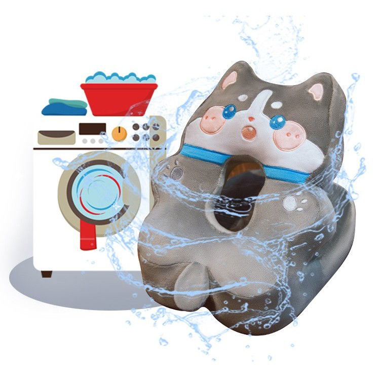 50 - 100 LEI - Perna din Spuma, Flippy, pentru Birou, Calatorii, Model Husky, Lavabila, Umplutura de Bumbac, Spatiu Cap in Forma de 8, 30x35x30 cm, Gri