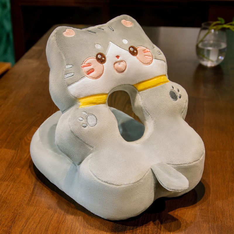 Perne Voiaj, Paturi si Textile - Perna din Spuma, Flippy, pentru Birou, Calatorii, Model Pisica, Lavabila, Umplutura de Bumbac, Spatiu Cap in Forma de 8, 30x35x30 cm, Gri