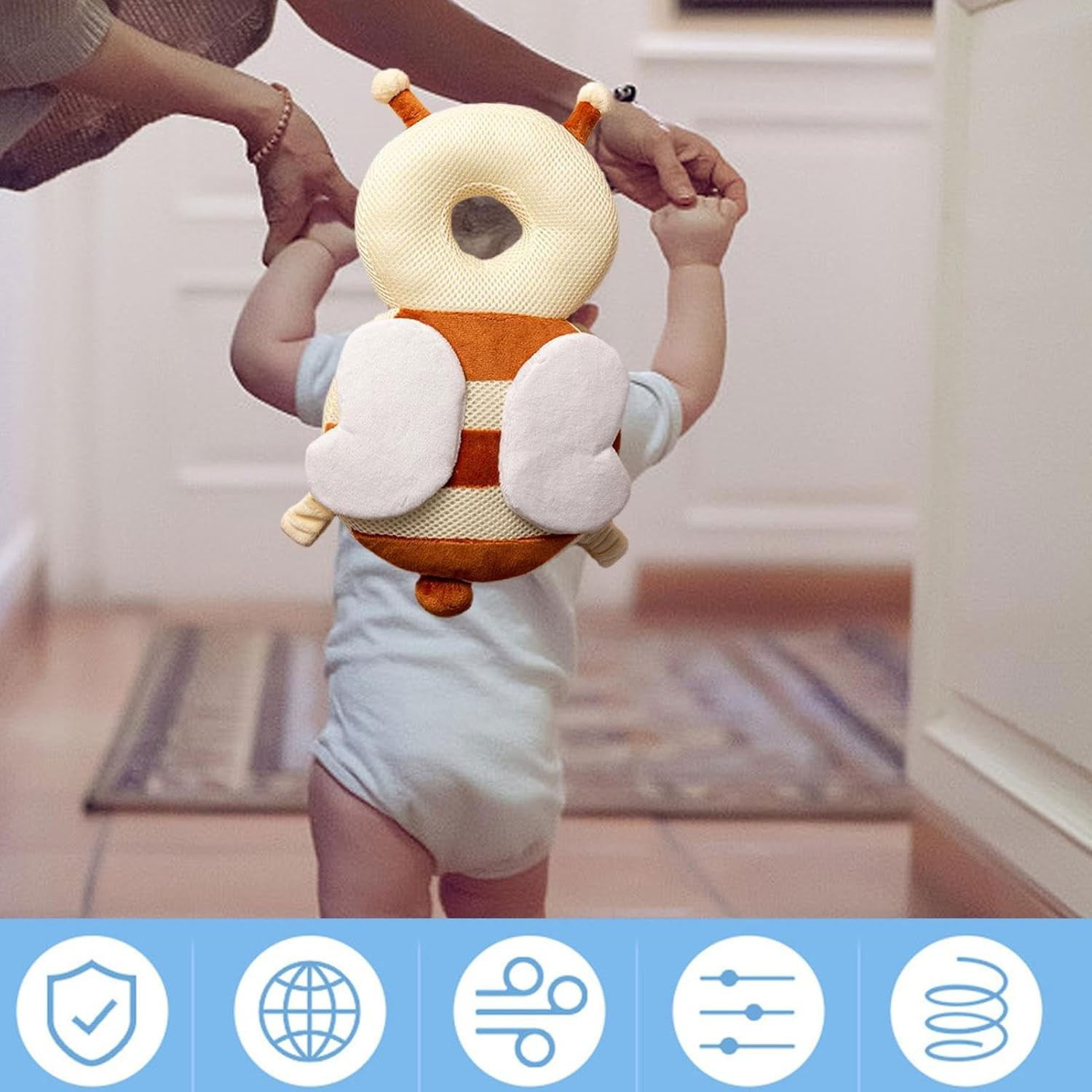 Perna tip Rucsac pentru Protectia Capului, Flippy, Tetiera tip Albina, pentru Bebelusi, Design tip Plasa, 33x6x19 cm, 180 g, Maro/Bej [5]