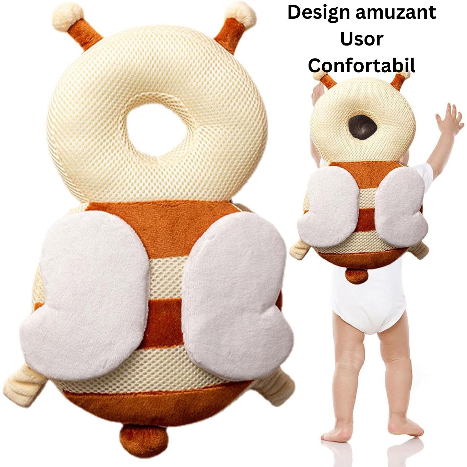 Perna tip Rucsac pentru Protectia Capului, Flippy, Tetiera tip Albina, pentru Bebelusi, Design tip Plasa, 33x6x19 cm, 180 g, Maro/Bej [7]