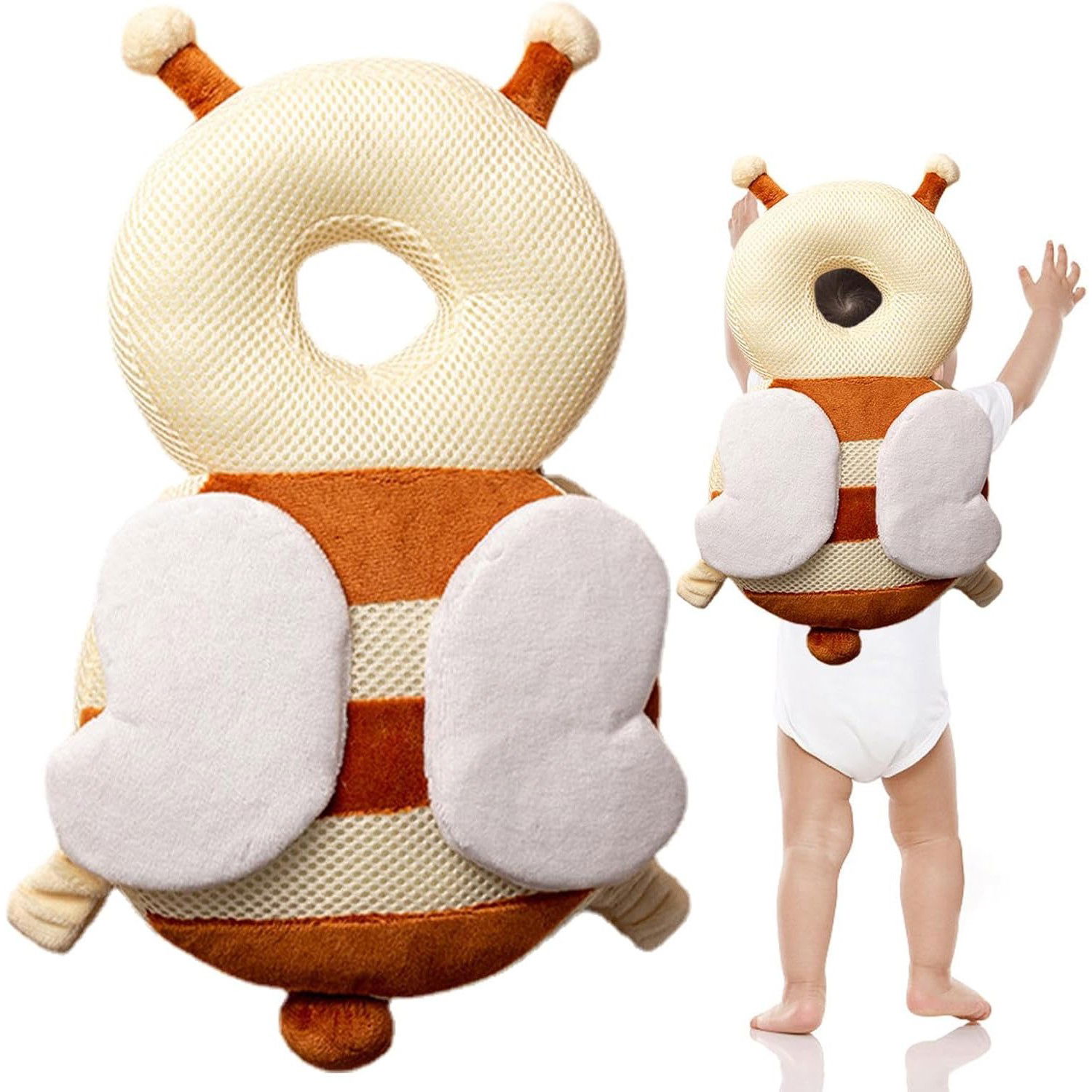 Perna tip Rucsac pentru Protectia Capului, Flippy, Tetiera tip Albina, pentru Bebelusi, Design tip Plasa, 33x6x19 cm, 180 g, Maro/Bej [4]