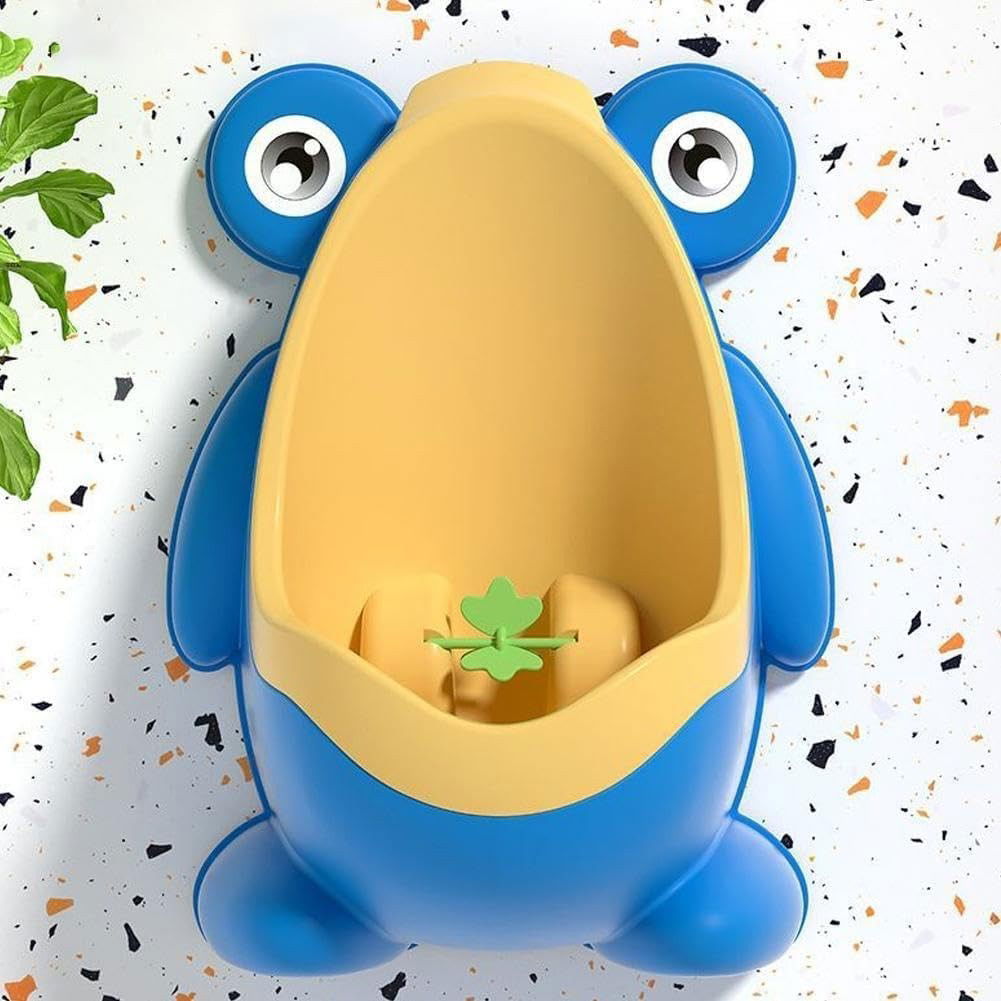 Articole pentru baie - Pisoar pentru Baieti, Flippy, 0-8 Ani, in Forma de Broasca, Perie Inclusa, Montare pe Perete, Carlig Autoadeziv Inclus, 29 x 22.5 cm, Albastru