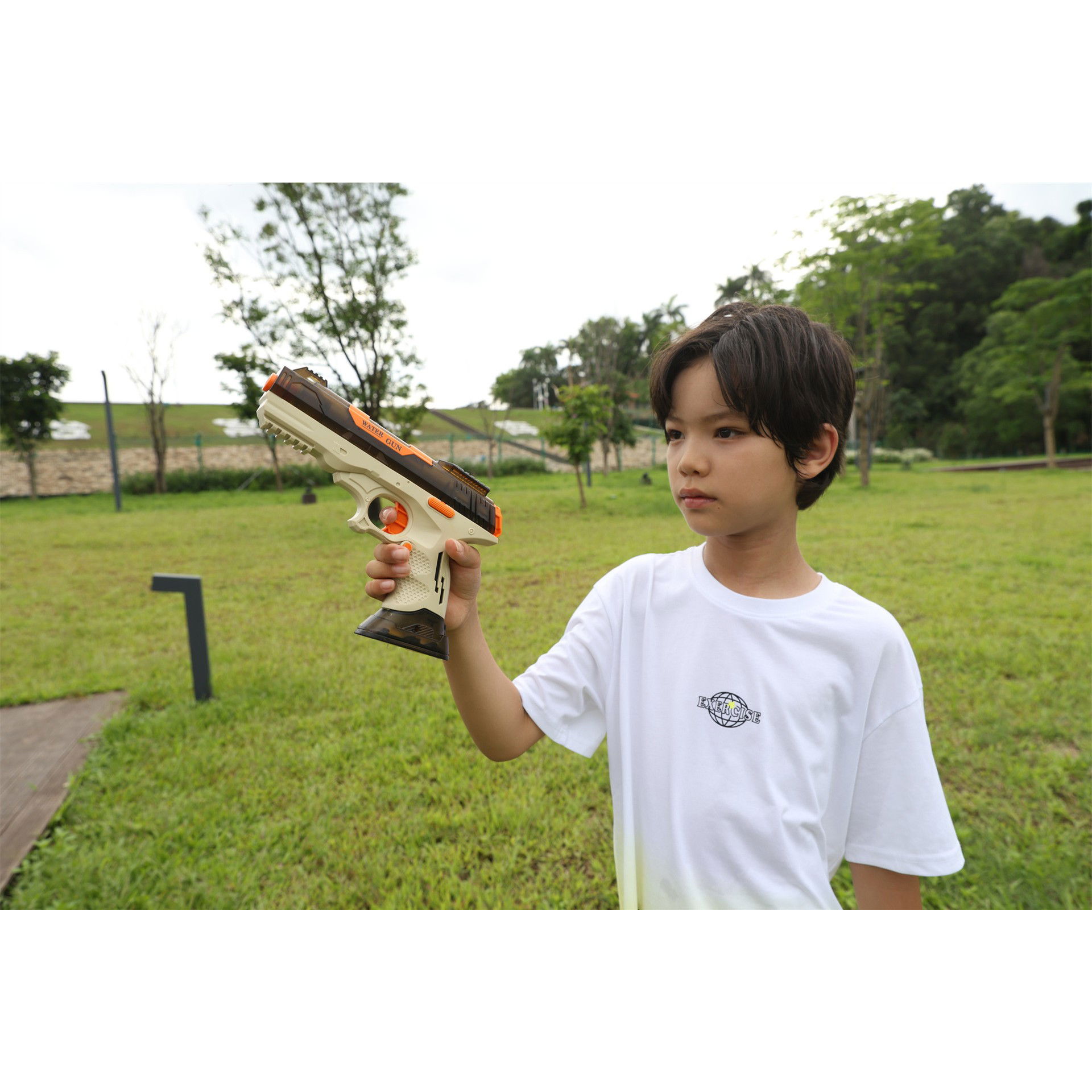 Pistol cu Apa Electric, Flippy, 2 Rezervoare 75/350 ml, din ABS+Silicon, Baterie, Incarcare USB, Conectare la Furtun, +6 Ani, Maro [5]