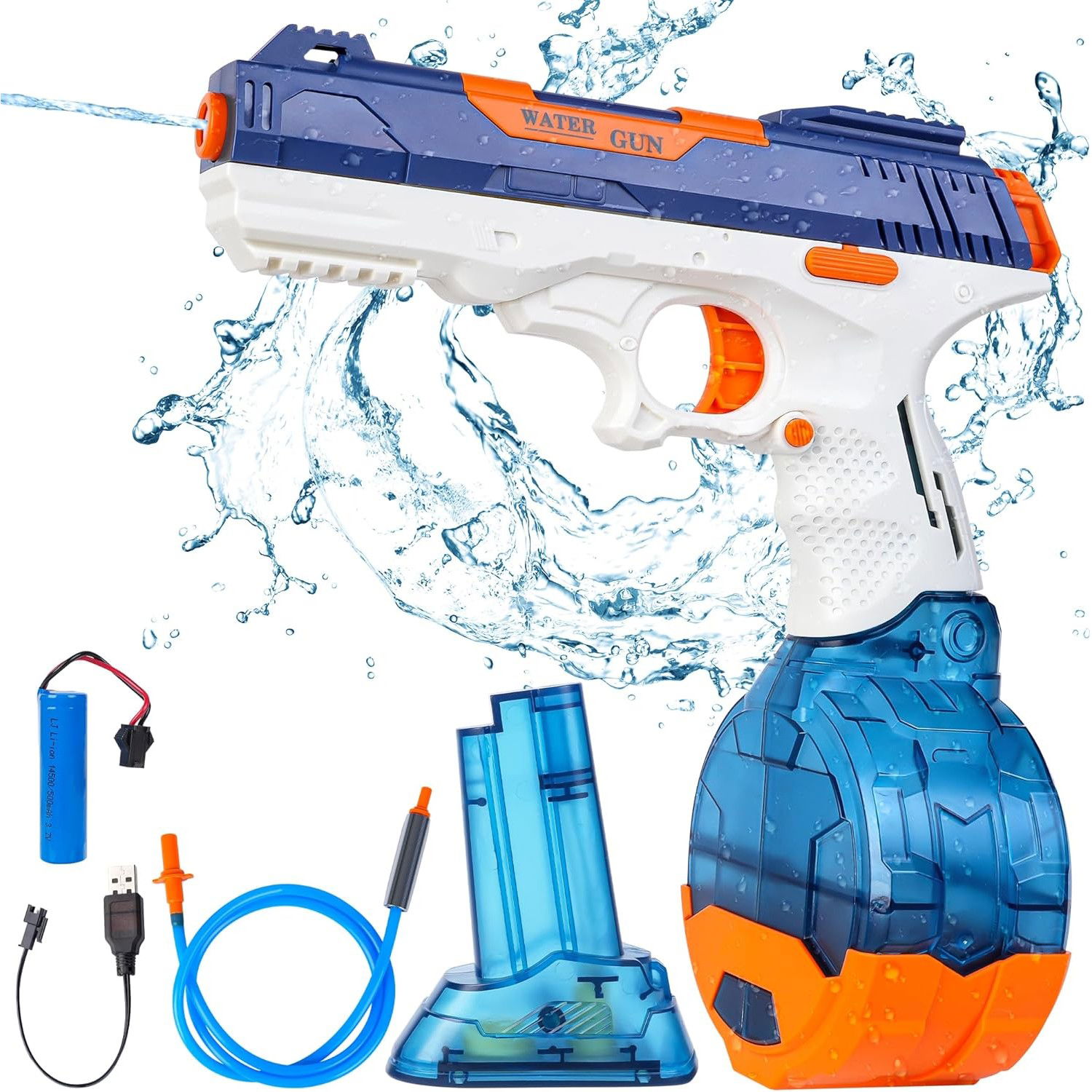 Pistoale cu apa - Pistol cu Apa Electric, Flippy, 2 Rezervoare 75/350 ml, din ABS+Silicon, Baterie, Incarcare USB, Conectare la Furtun, +6 Ani, Albastru
