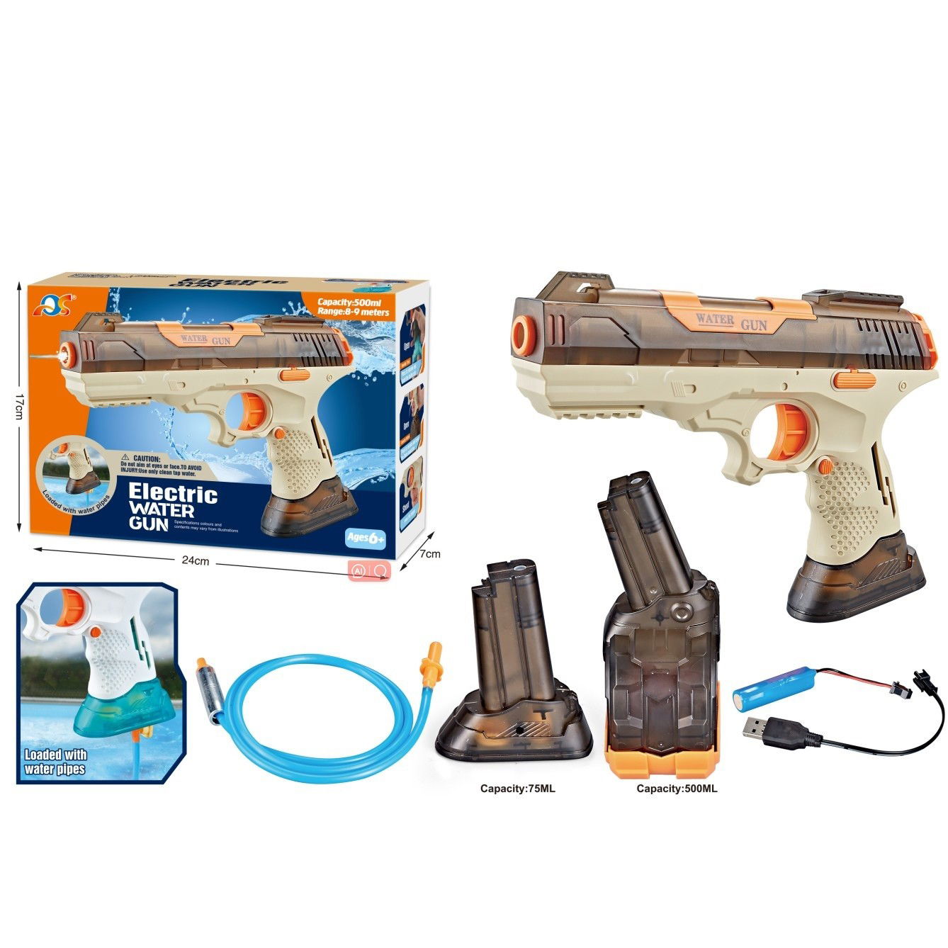 Pistoale cu apa - Pistol cu Apa Electric, Flippy, 2 Rezervoare 75/350 ml, din ABS+Silicon, Baterie, Incarcare USB, Conectare la Furtun, +6 Ani, Maro