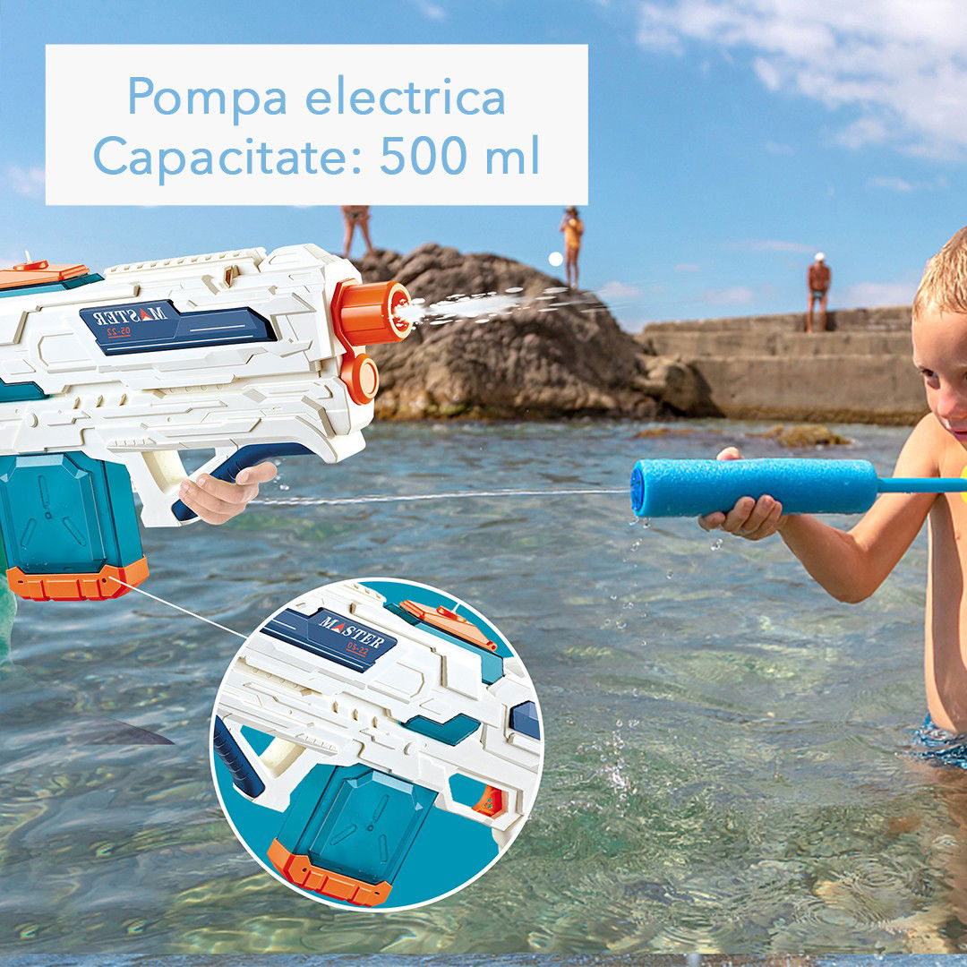 Pistol cu Apa pentru Copii 14+ ani, Flippy, Rezervor 600ml, cu baterie 1200mAh, Electric Burst, Alb/Albastru [4]