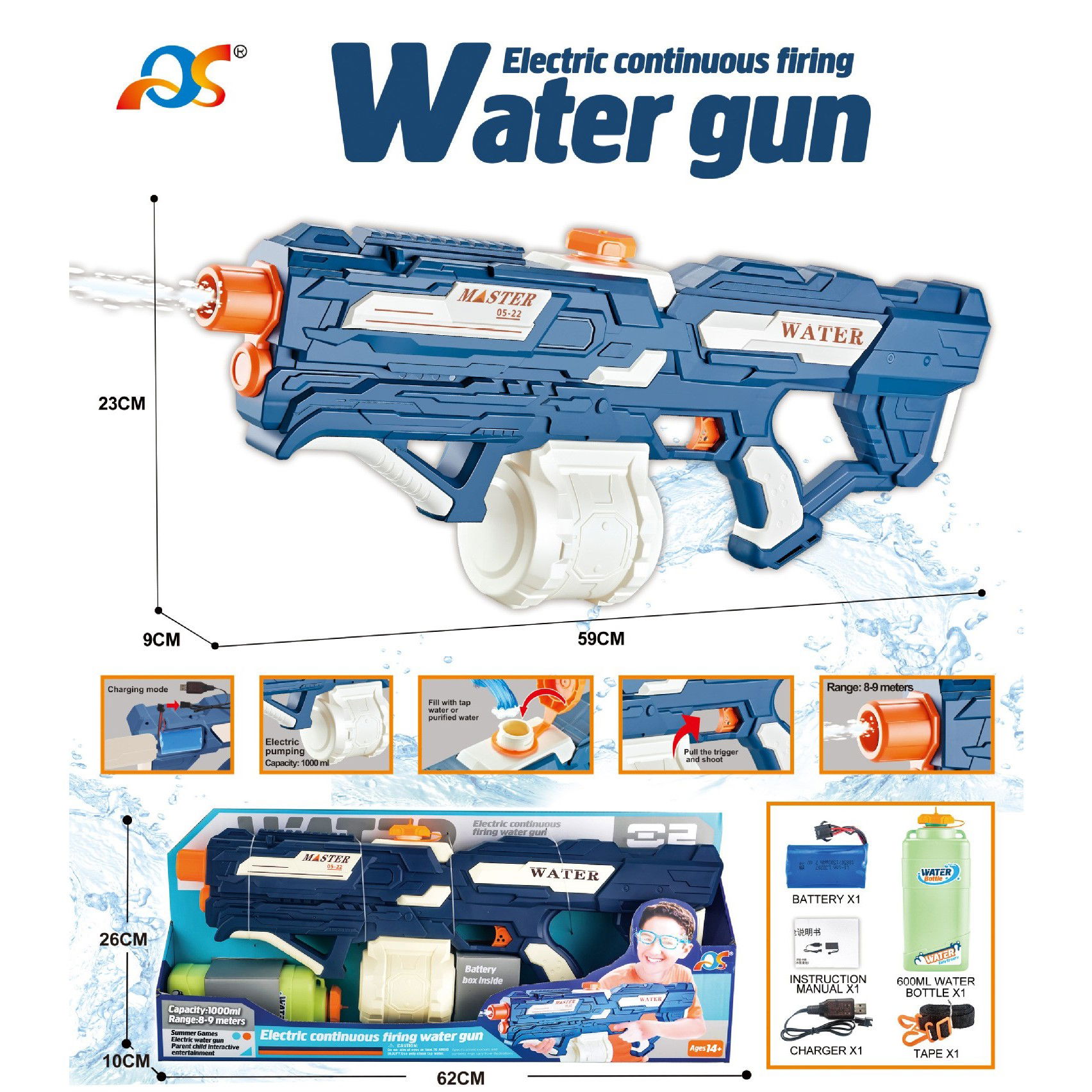 Pistol cu Apa pentru Copii, Rezervor 600ml, Flippy, 14ani+, cu baterie 1200mAh, Electric Burst, Albastru/Alb, 1000ML [5]