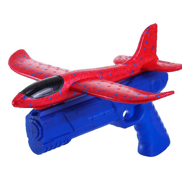 Jucarii si Jocuri - Pistol cu Lansator de Avion, Flippy, din Polistiren+Plastic, +3 Ani, Avion 38 cm, Lansare 10 m, Albastru/Rosu