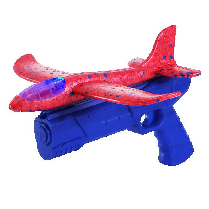 Jucarii si Jocuri - Pistol cu Lansator de Avion, Flippy, din Polistiren+Plastic, +3 Ani, Avion 24 cm, Lansare 10 m, cu Lumini, Albastru/Rosu