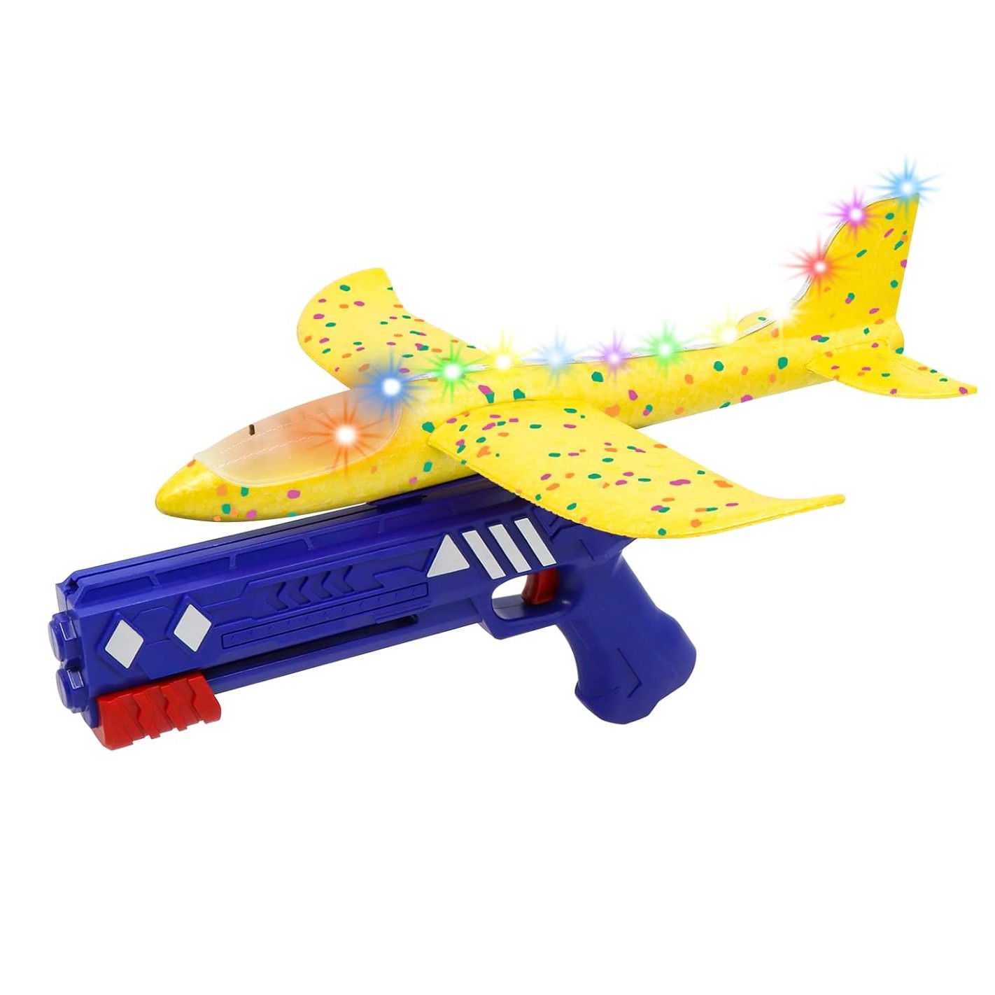 Pistol cu Lansator de Avion, Flippy, din Polistiren+Plastic, +3 Ani, Avion 38 cm, Lansare 10 m, cu Lumini si Roti, Galben/Albastru [1]