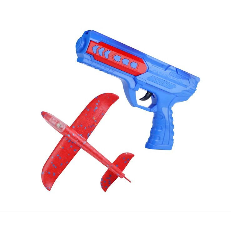 Pistol cu Lansator de Avion, Flippy, din Polistiren+Plastic, +3 Ani, Avion 24 cm, Lansare 10 m, cu Lumini, Albastru/Rosu [2]