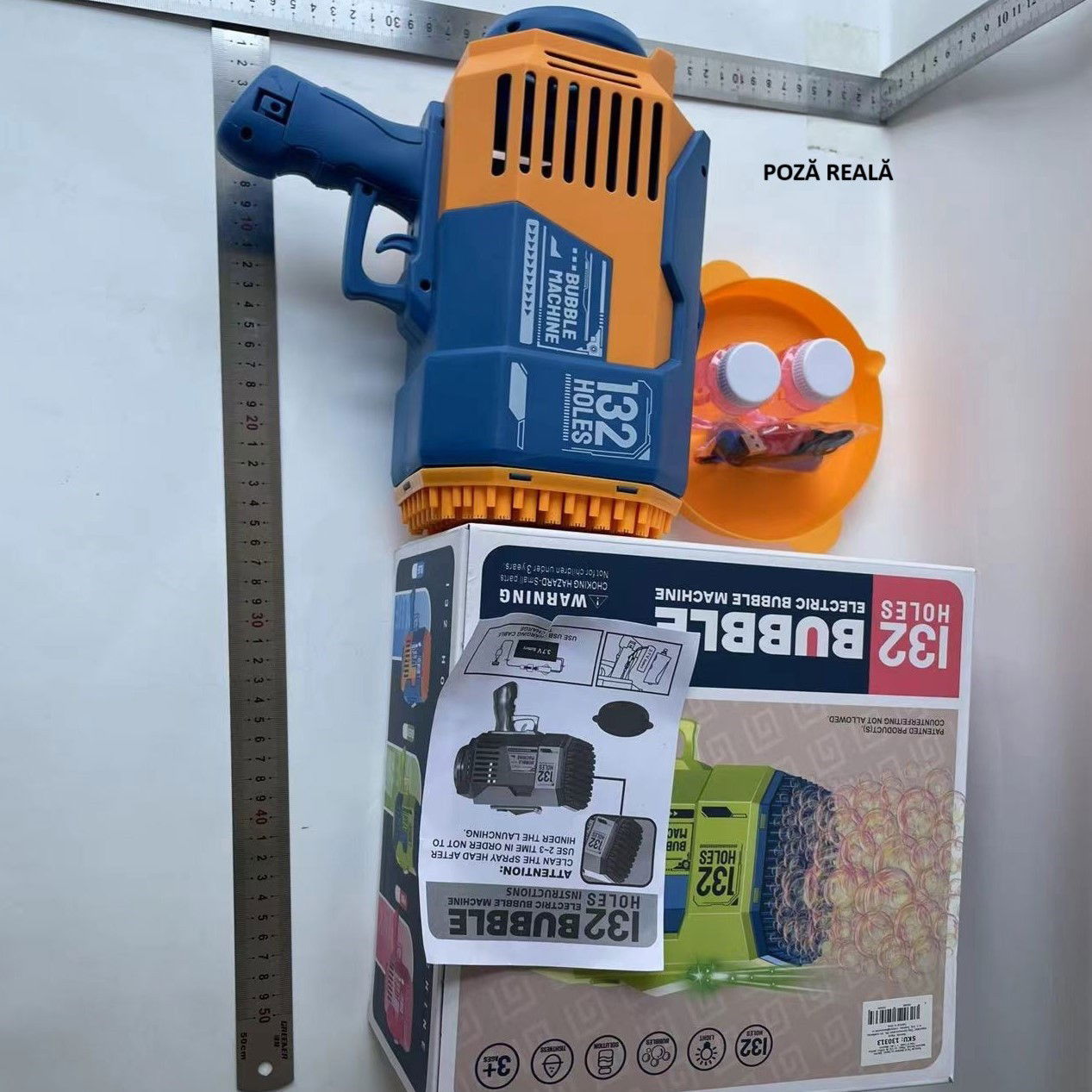 Pistol pentru Baloane de Sapun, Flippy, 132 de Gauri, Lumini Colorate, Tavita, Lichid, Baterie de Li, Cablu de Incarcare, 25cm x 13cm x 26cm, Albastru [6]