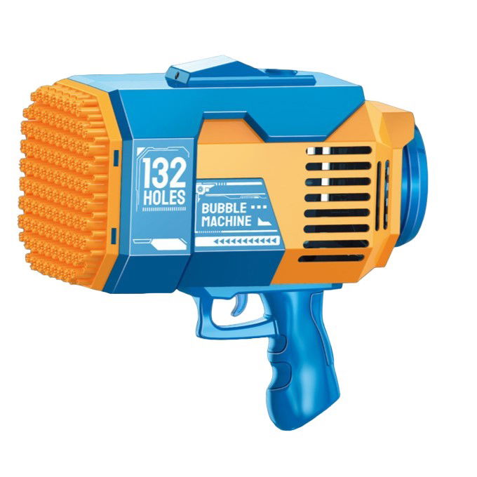 Jucarii - Pistol pentru Baloane de Sapun, Flippy, 132 de Gauri, Lumini Colorate, Tavita, Lichid, Baterie de Li, Cablu de Incarcare, 25cm x 13cm x 26cm, Albastru