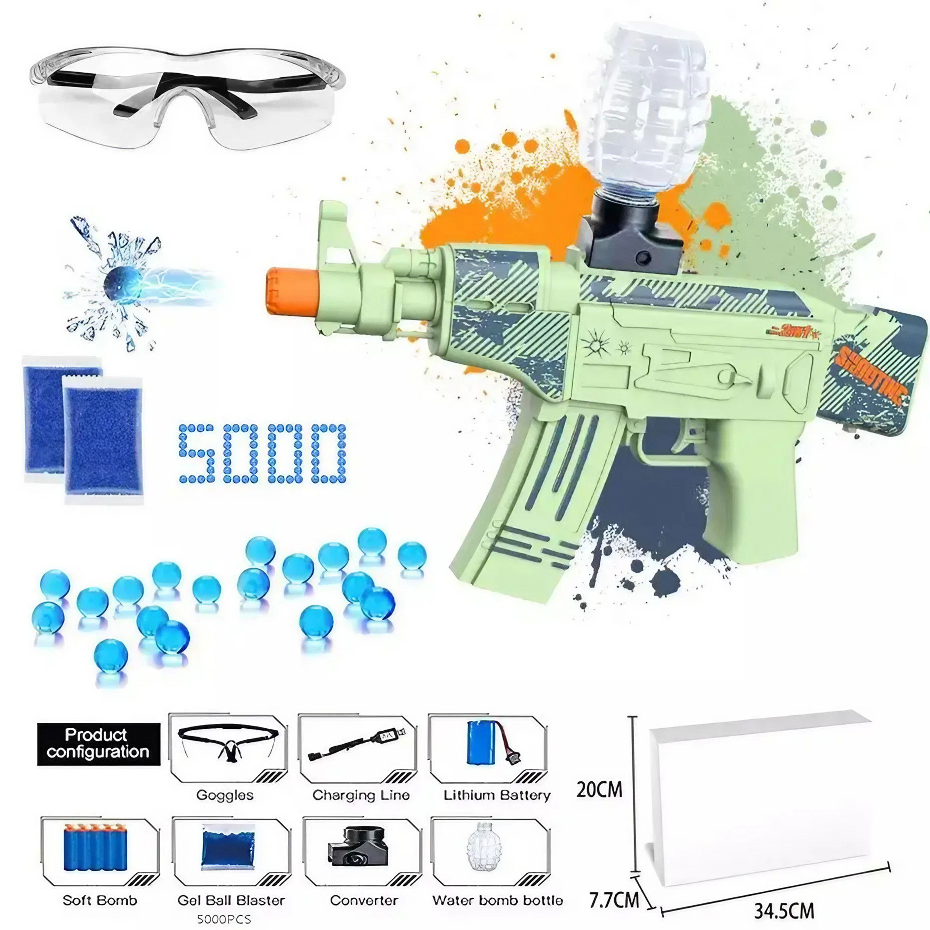 Mitraliera de jucarie electrica Flippy cu bile de hidrogen de gel, gun bluster, tragere in rafala, varsta peste 6 ani, ochelari de protectie, 5000 de bile incluse, cablu de incarcare, 28x31 cm, AK47,  [3]