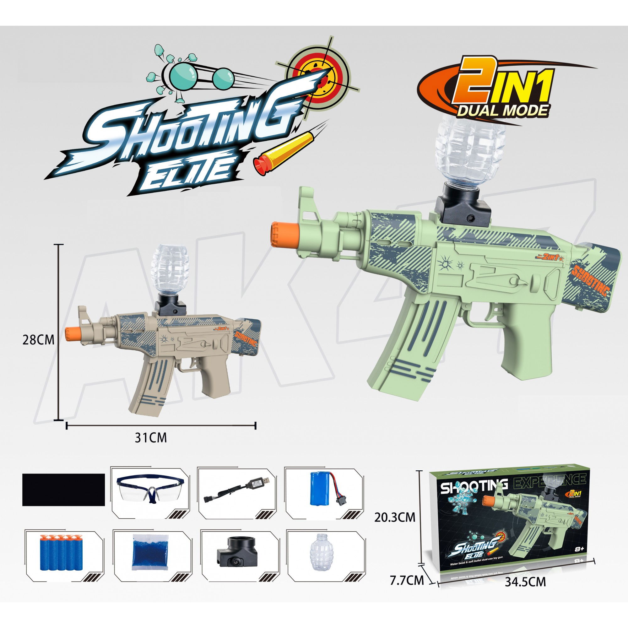 Mitraliere cu Bile Hidrogen - Mitraliera de jucarie electrica Flippy cu bile de hidrogen de gel, gun bluster, tragere in rafala, varsta peste 6 ani, ochelari de protectie, 5000 de bile incluse, cablu de incarcare, 28x31 cm, AK47, 
