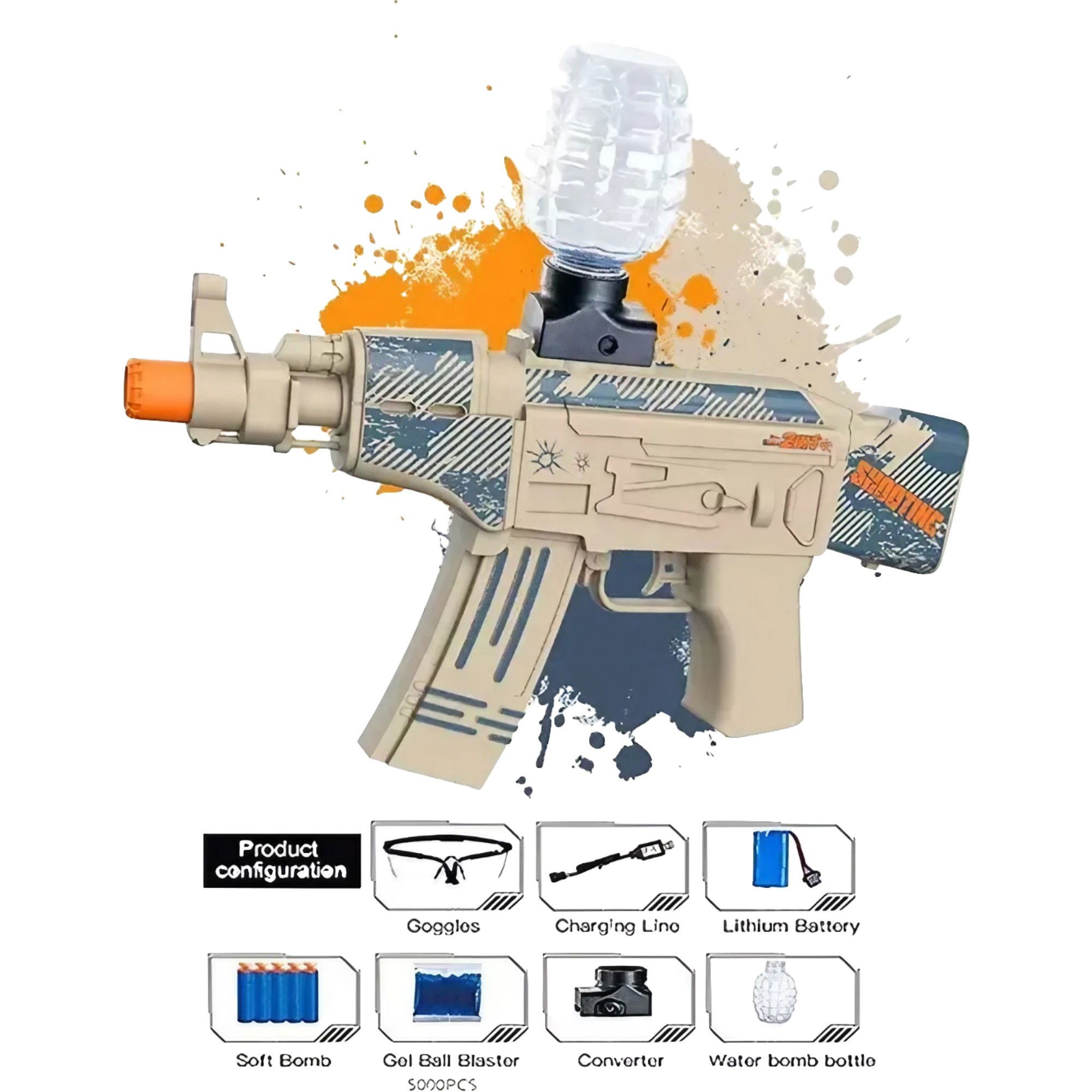 Mitraliere cu Bile Hidrogen - Mitraliera de jucarie electrica Flippy cu bile de hidrogen de gel, gun bluster, tragere in rafala, varsta peste 6 ani, ochelari de protectie, 5000 de bile incluse, cablu de incarcare, 28x31 cm, AK47, 