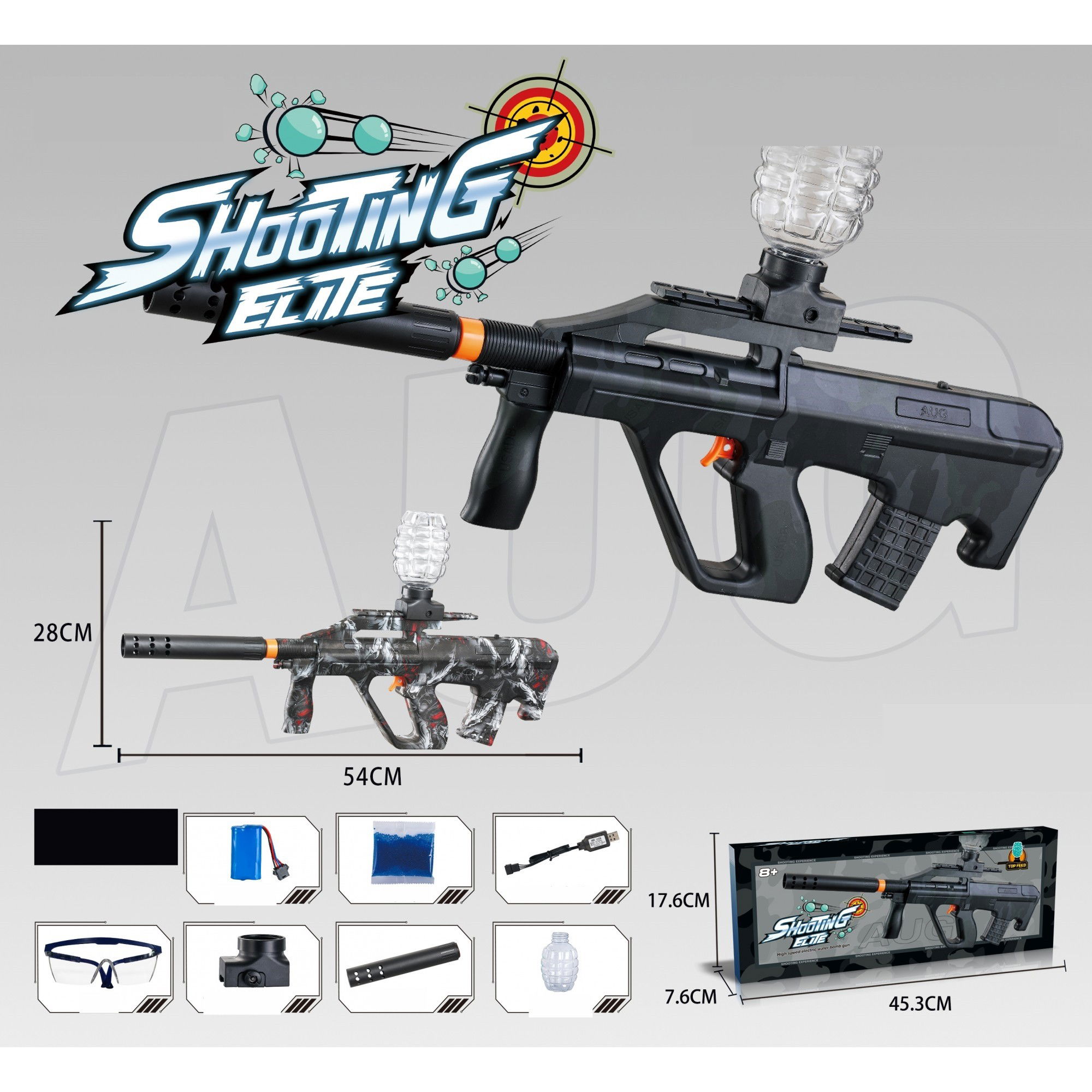 Mitraliere cu Bile Hidrogen - Mitraliera de jucarie electrica Flippy cu bile de hidrogen de gel, gun bluster, tragere in rafala, varsta peste 6 ani, ochelari de protectie, 5000 de bile incluse, cablu de incarcare, 28x31 cm, AUG, n