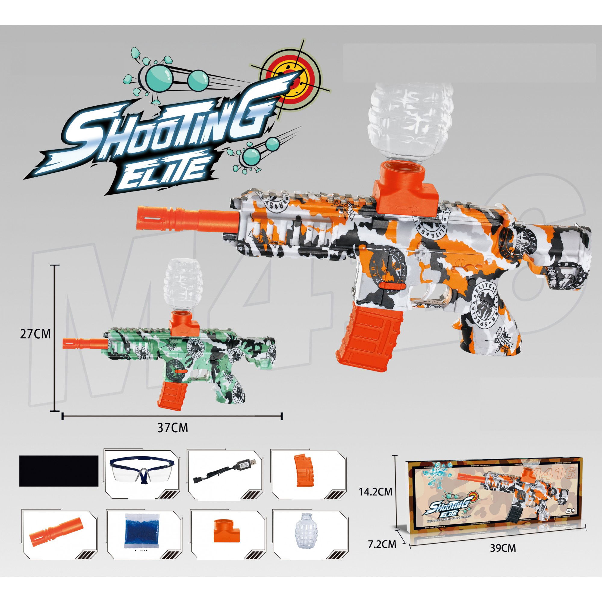 Mitraliere cu Bile Hidrogen - Mitraliera de jucarie electrica Flippy cu bile de hidrogen de gel, gun bluster, tragere in rafala, varsta peste 6 ani, ochelari de protectie, 5000 de bile incluse, cablu de incarcare, 27x37 cm, M416, 