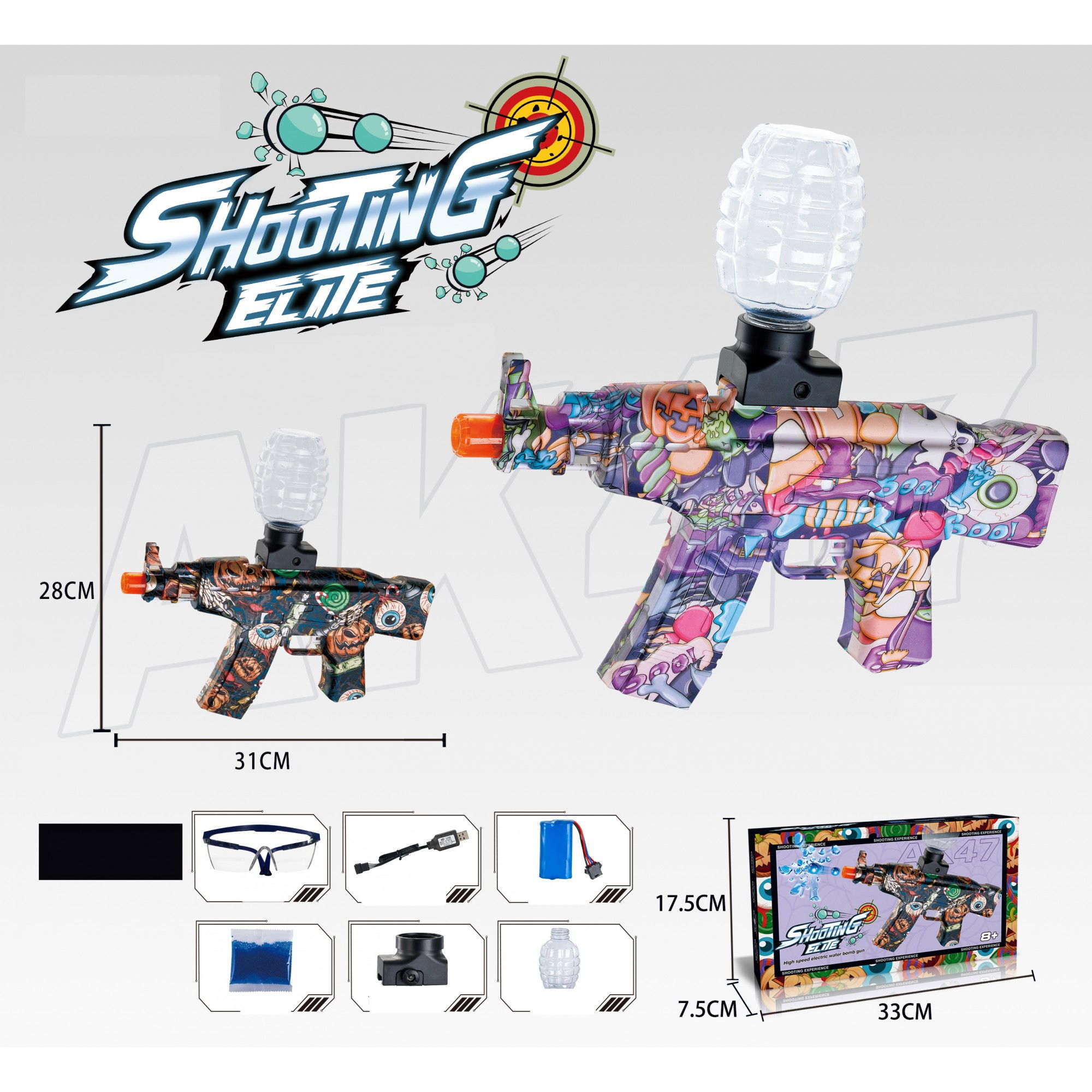Mitraliere cu Bile Hidrogen - Mitraliera de jucarie electrica Flippy cu bile de hidrogen de gel, gun bluster, tragere in rafala, varsta peste 6 ani, ochelari de protectie, 5000 de bile incluse, cablu de incarcare, 28x31 cm, AK47, 