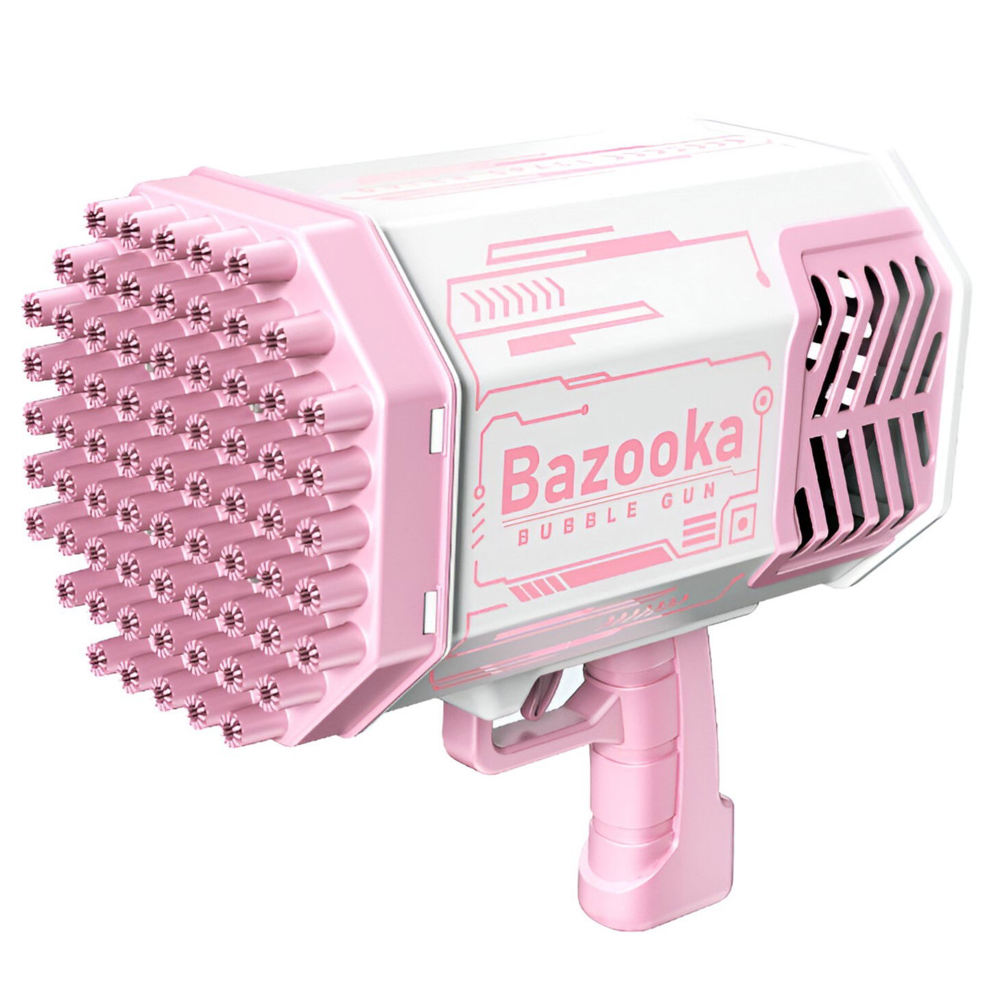 Jucarii - Pistol pentru Baloane de Sapun, Flippy, 69 de Gauri, Lumini Colorate, Tavita, Lichid, Baterie de Li, Cablu de Incarcare, 24cm x 14cm x 24cm, Roz