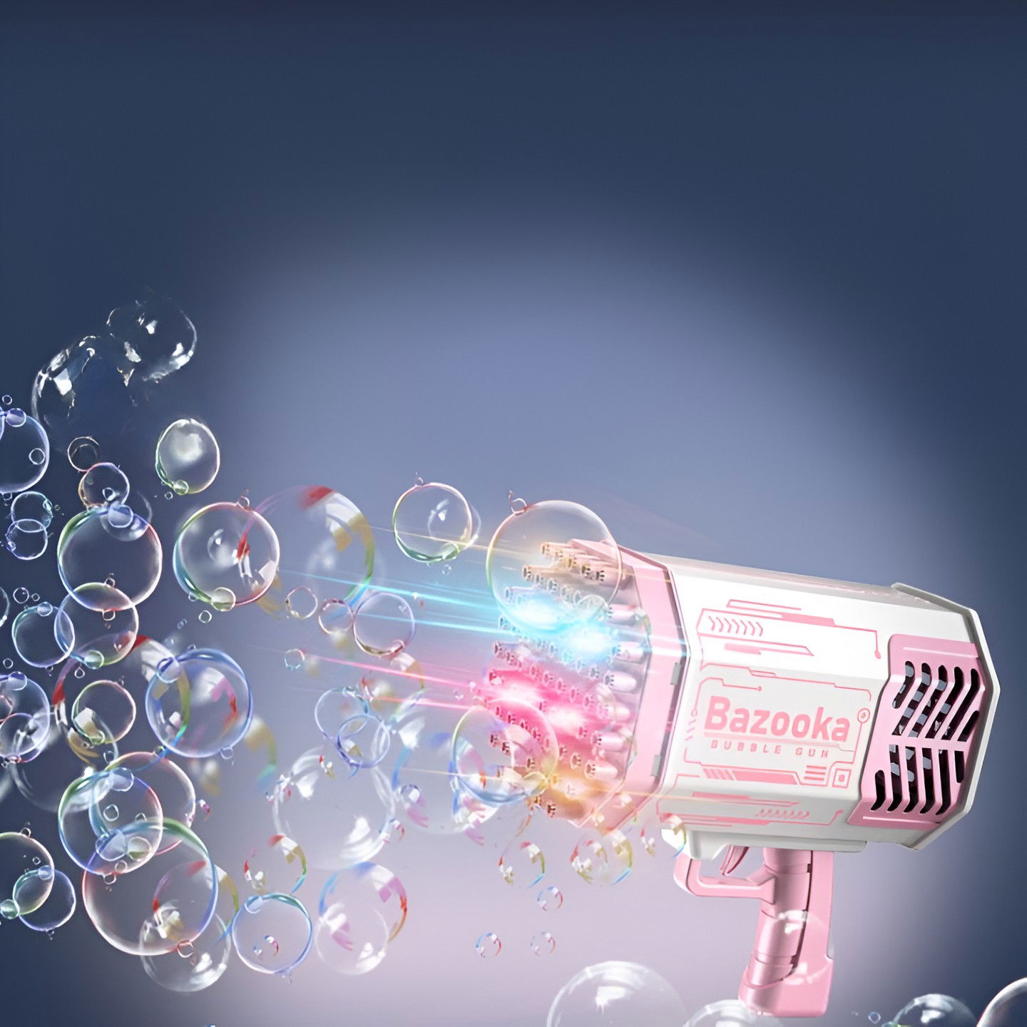 Pistol pentru Baloane de Sapun, Flippy, 69 de Gauri, Lumini Colorate, Tavita, Lichid, Baterie de Li, Cablu de Incarcare, 24cm x 14cm x 24cm, Roz [3]