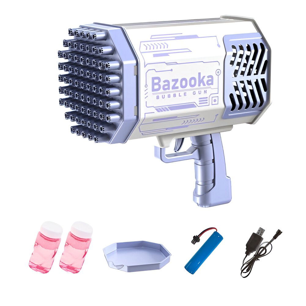 Jucarii Senzoriale, Fidget Toys - Pistol pentru Baloane de Sapun, Flippy, 69 de Gauri, Lumini Colorate, Tavita, Lichid, Baterie de Li, Cablu de Incarcare, 24cm x 14cm x 24cm, Mov