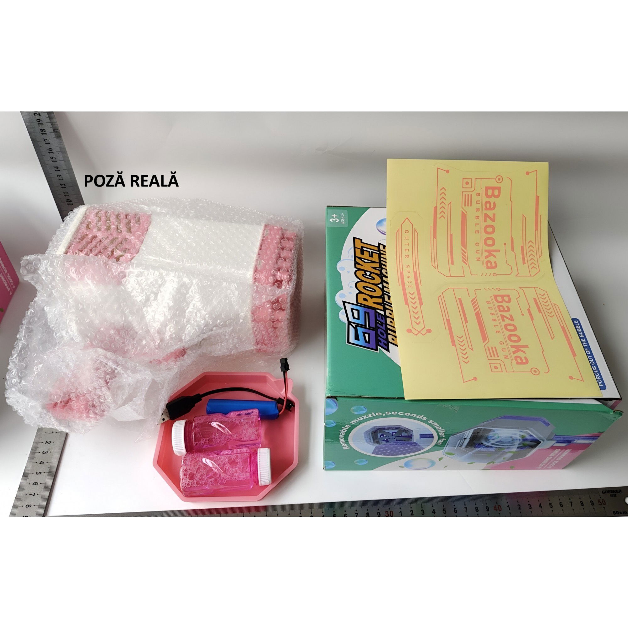 Jucarii Senzoriale, Fidget Toys - Pistol pentru Baloane de Sapun, Flippy, 69 de Gauri, Lumini Colorate, Tavita, Lichid, Baterie de Li, Cablu de Incarcare, 24cm x 14cm x 24cm, Roz