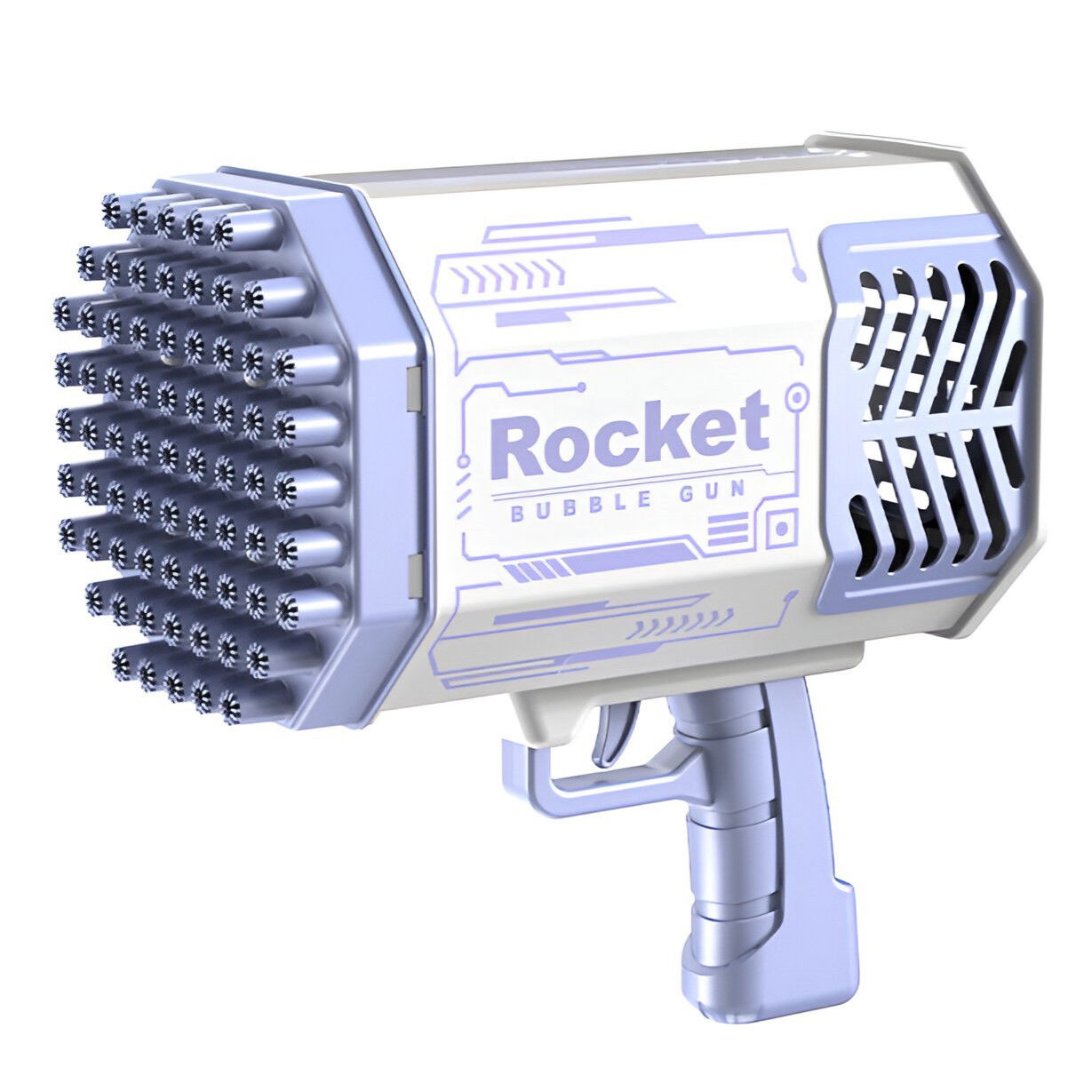 Jucarii Senzoriale, Fidget Toys - Pistol pentru Baloane de Sapun, Flippy, 69 de Gauri, Lumini Colorate, Tavita, Lichid, Baterie de Li, Cablu de Incarcare, 24cm x 14cm x 24cm, Mov