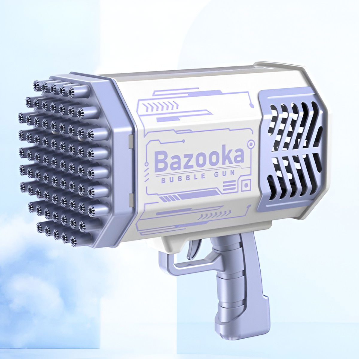 Pistol pentru Baloane de Sapun, Flippy, 69 de Gauri, Lumini Colorate, Tavita, Lichid, Baterie de Li, Cablu de Incarcare, 24cm x 14cm x 24cm, Mov [4]