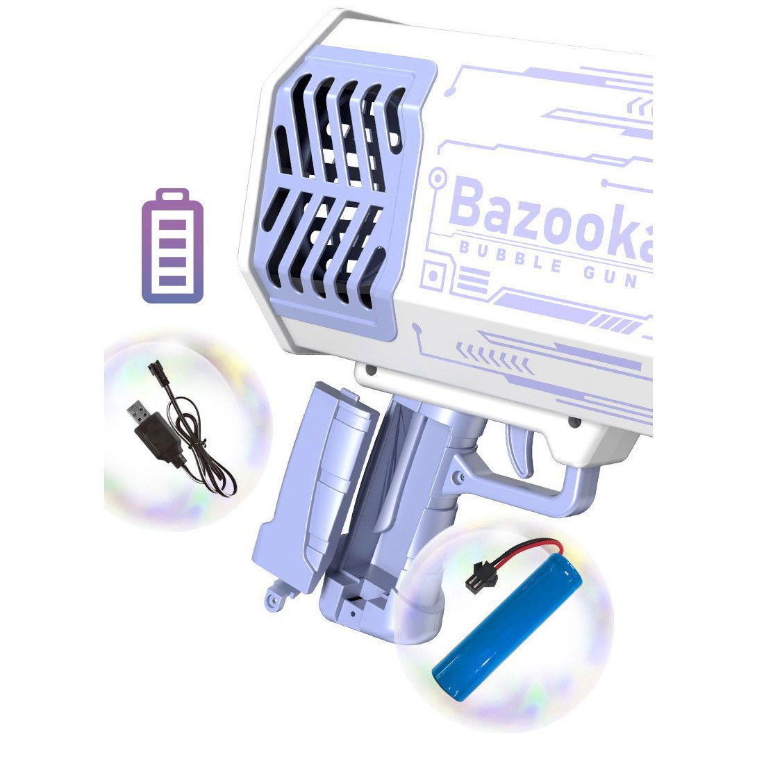 Pistol pentru Baloane de Sapun, Flippy, 69 de Gauri, Lumini Colorate, Tavita, Lichid, Baterie de Li, Cablu de Incarcare, 24cm x 14cm x 24cm, Mov [6]