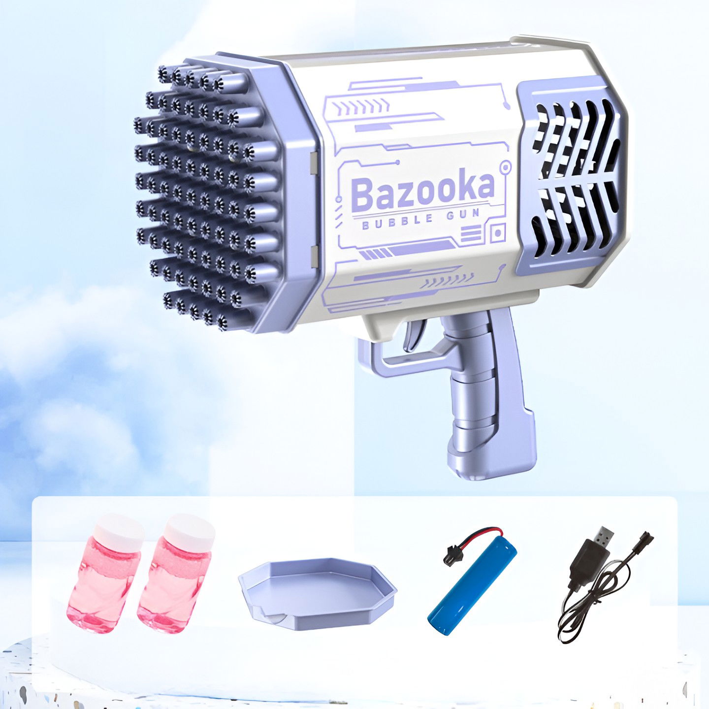 Pistol pentru Baloane de Sapun, Flippy, 69 de Gauri, Lumini Colorate, Tavita, Lichid, Baterie de Li, Cablu de Incarcare, 24cm x 14cm x 24cm, Mov [3]