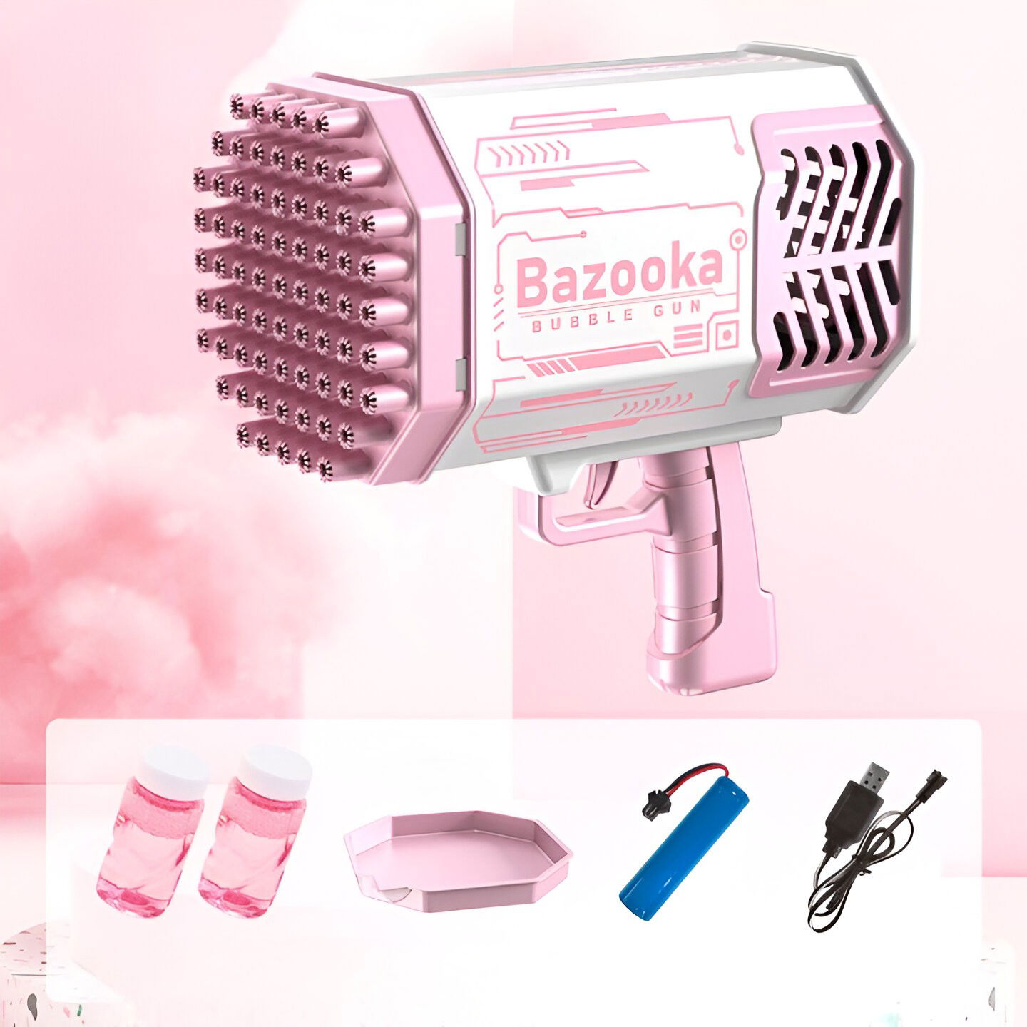 Pistol pentru Baloane de Sapun, Flippy, 69 de Gauri, Lumini Colorate, Tavita, Lichid, Baterie de Li, Cablu de Incarcare, 24cm x 14cm x 24cm, Roz [9]