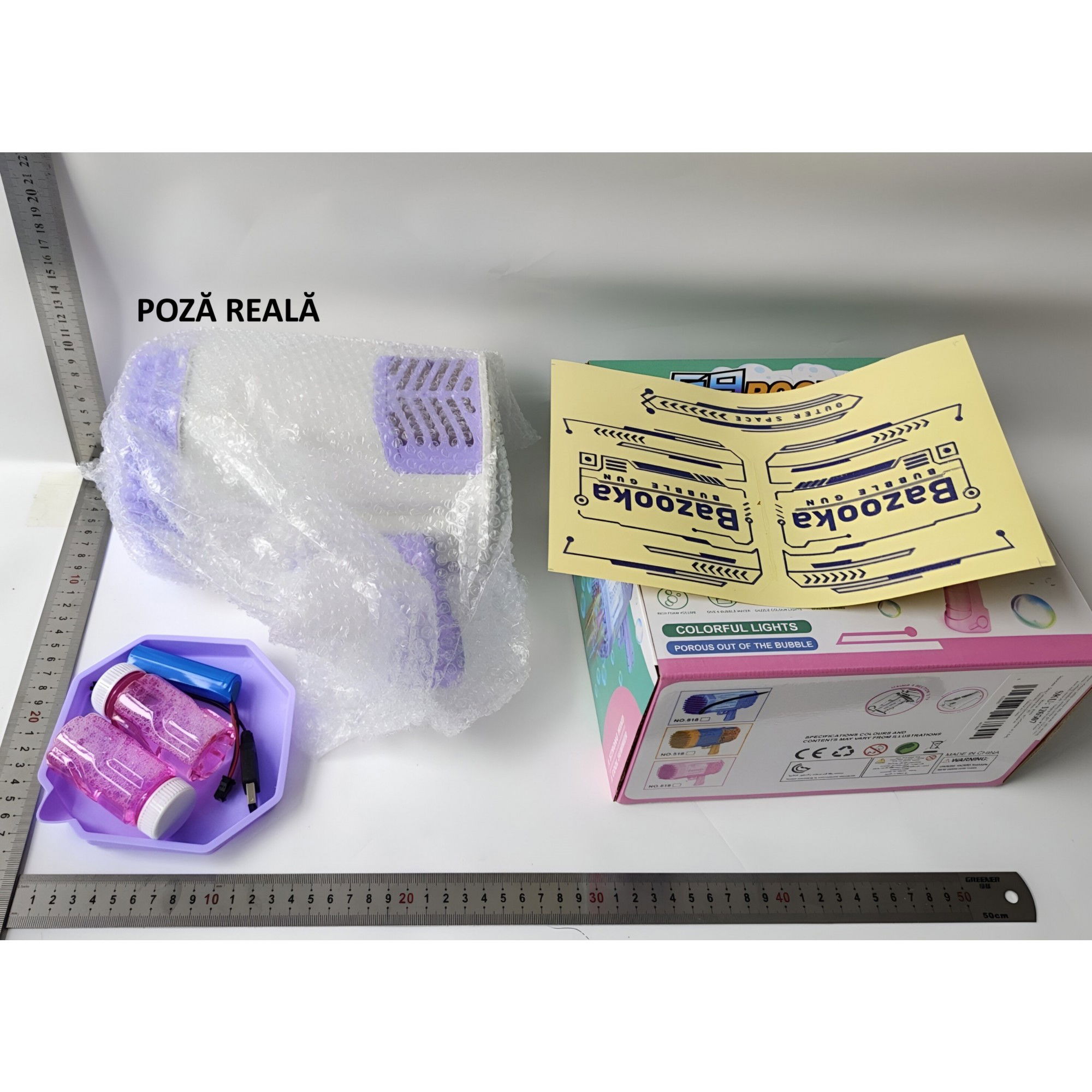 Pistol pentru Baloane de Sapun, Flippy, 69 de Gauri, Lumini Colorate, Tavita, Lichid, Baterie de Li, Cablu de Incarcare, 24cm x 14cm x 24cm, Mov [7]