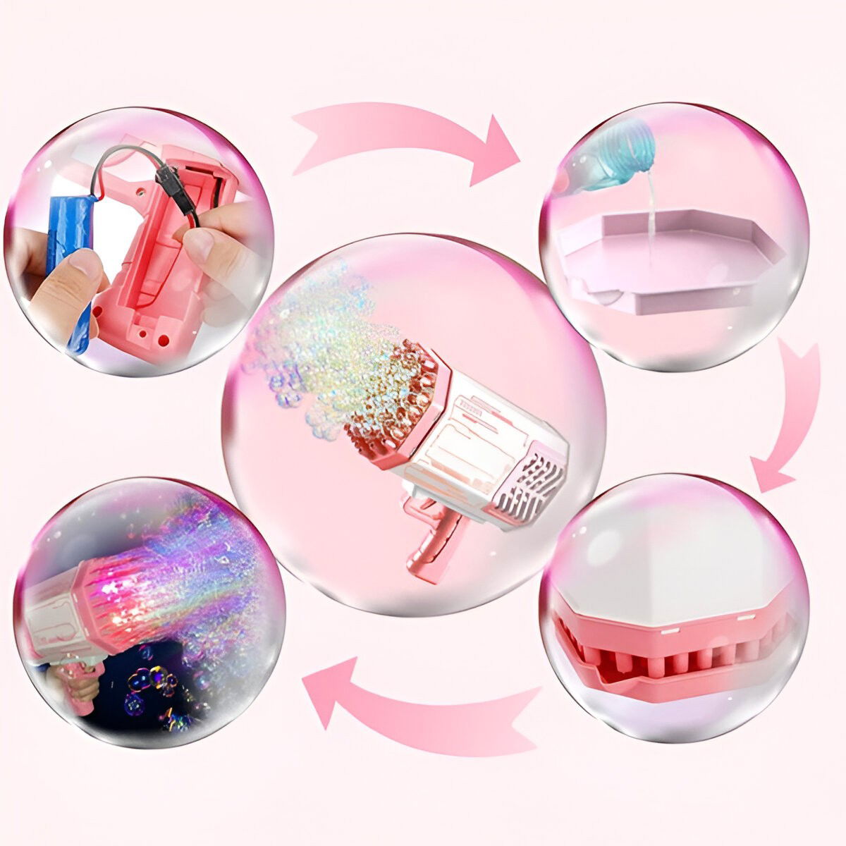 Pistol pentru Baloane de Sapun, Flippy, 69 de Gauri, Lumini Colorate, Tavita, Lichid, Baterie de Li, Cablu de Incarcare, 24cm x 14cm x 24cm, Roz [8]