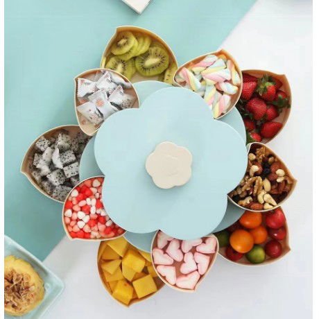 50 - 100 LEI - Tava pentru Servire, Flippy, pentru Fructe / Legume / Snackuri, cu Sertare, Deschidere Rotativa, pe 2 Straturi, in Forma de Floare, 26 x 26 x 11.5 cm Albastru