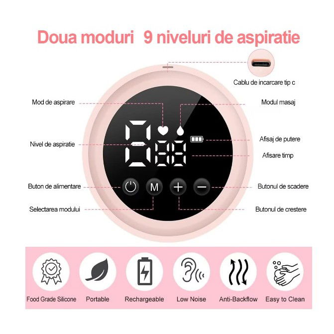 Pompa de San Electrica 2 in 1, Flippy, cu 2 Biberoane, Capacitate 180 ml, Incarcare USB Tip C, 1200 mAh, 2 Moduri, 9 Viteze, Roz Transparent [8]