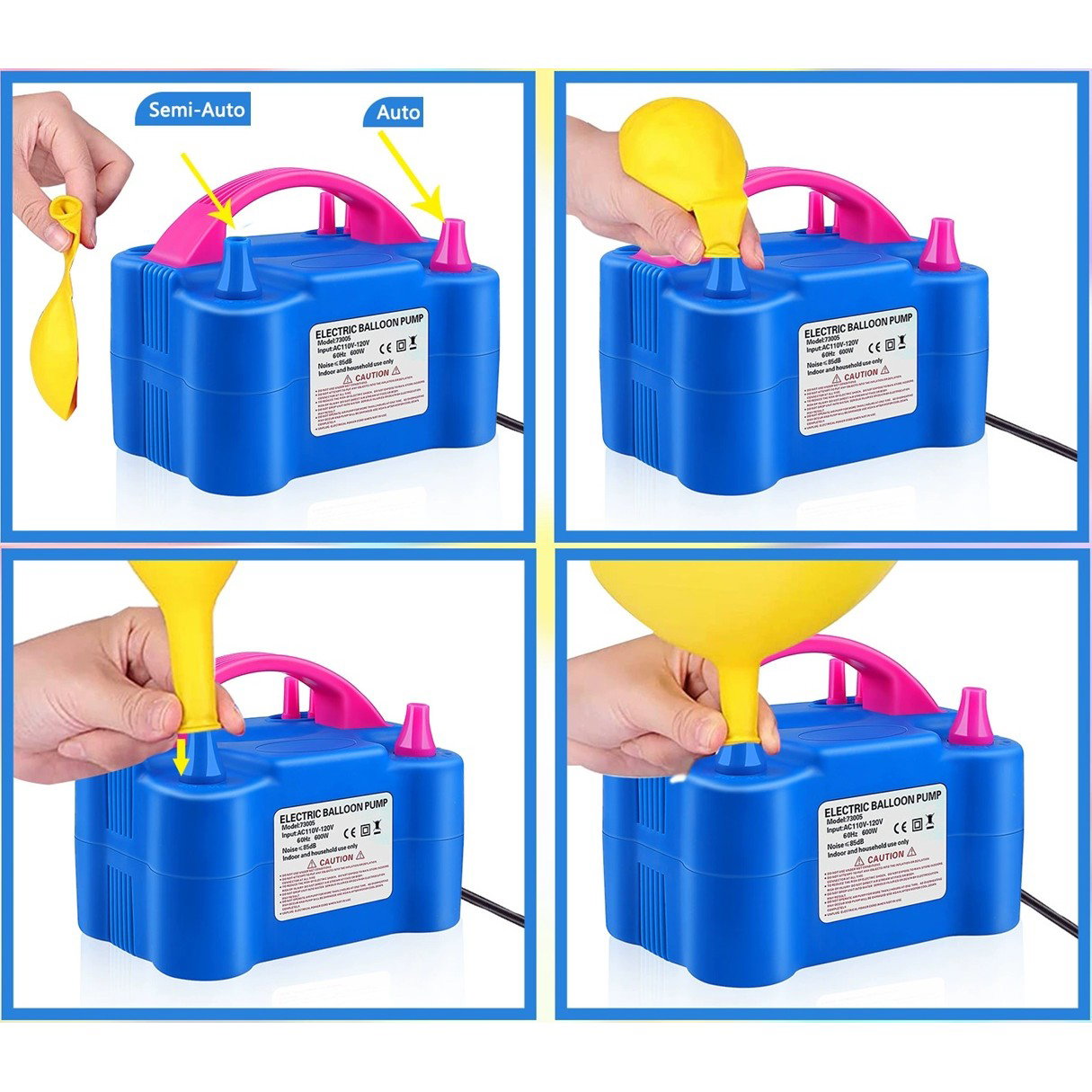 Pompa Electrica Pentru Umflat Baloane, 600 W, Doua Capete de Umflat, din Plastic, 19.5 x 14 x 13 cm, Albastru/Roz [4]