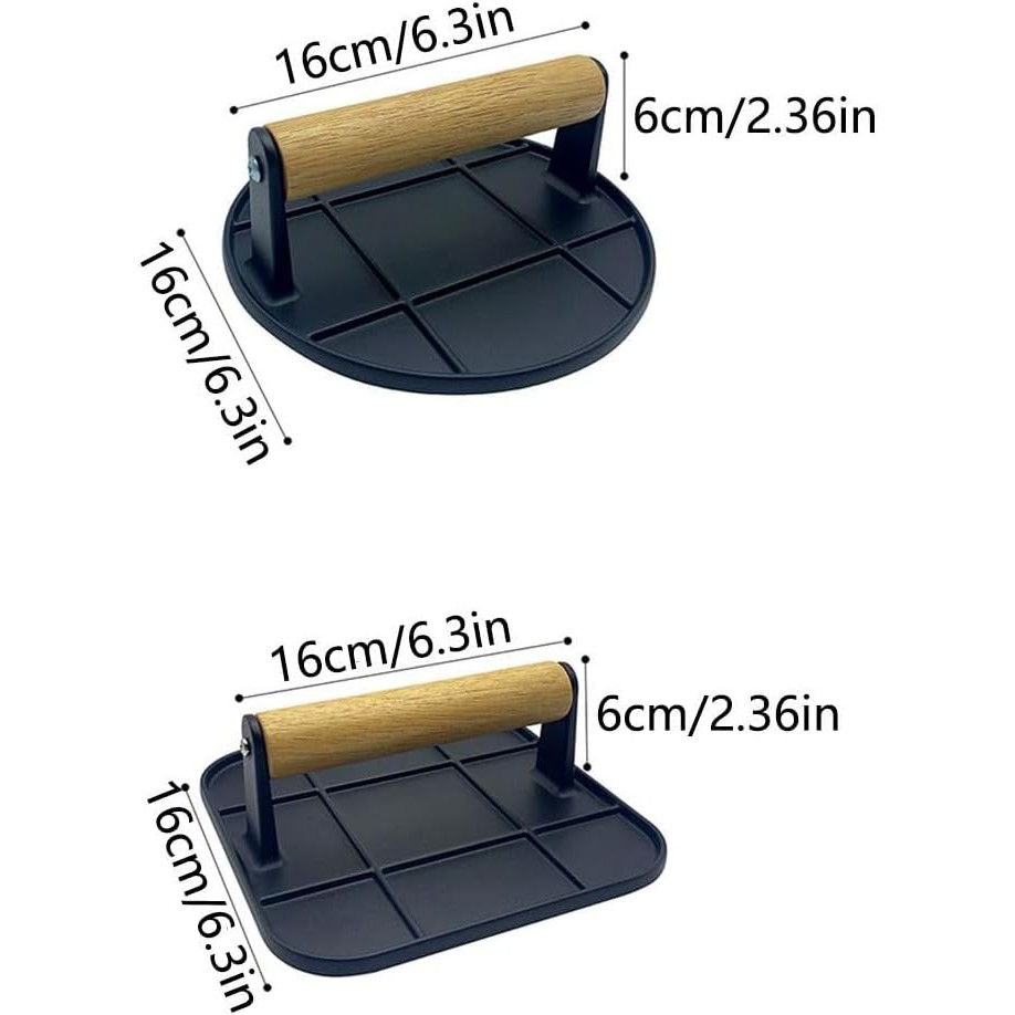 Presa Manuala pentru Carne, Flippy, din Aliaj de Aluminiu, Maner din Lemn, Presa pentru Burgeri, Usor de Curatat si Folosit, Rotunda, 16x16x6 cm, Neagra [6]