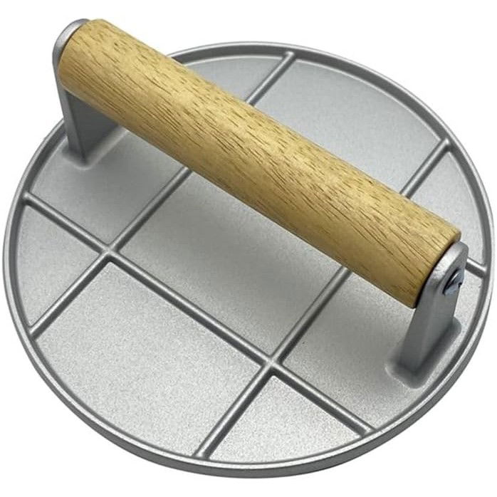 50 - 100 LEI - Presa Manuala pentru Carne, Flippy, din Aliaj de Aluminiu, Maner din Lemn, Presa pentru Burgeri, Usor de Curatat si Folosit, Rotunda, 16x16x6 cm, Gri