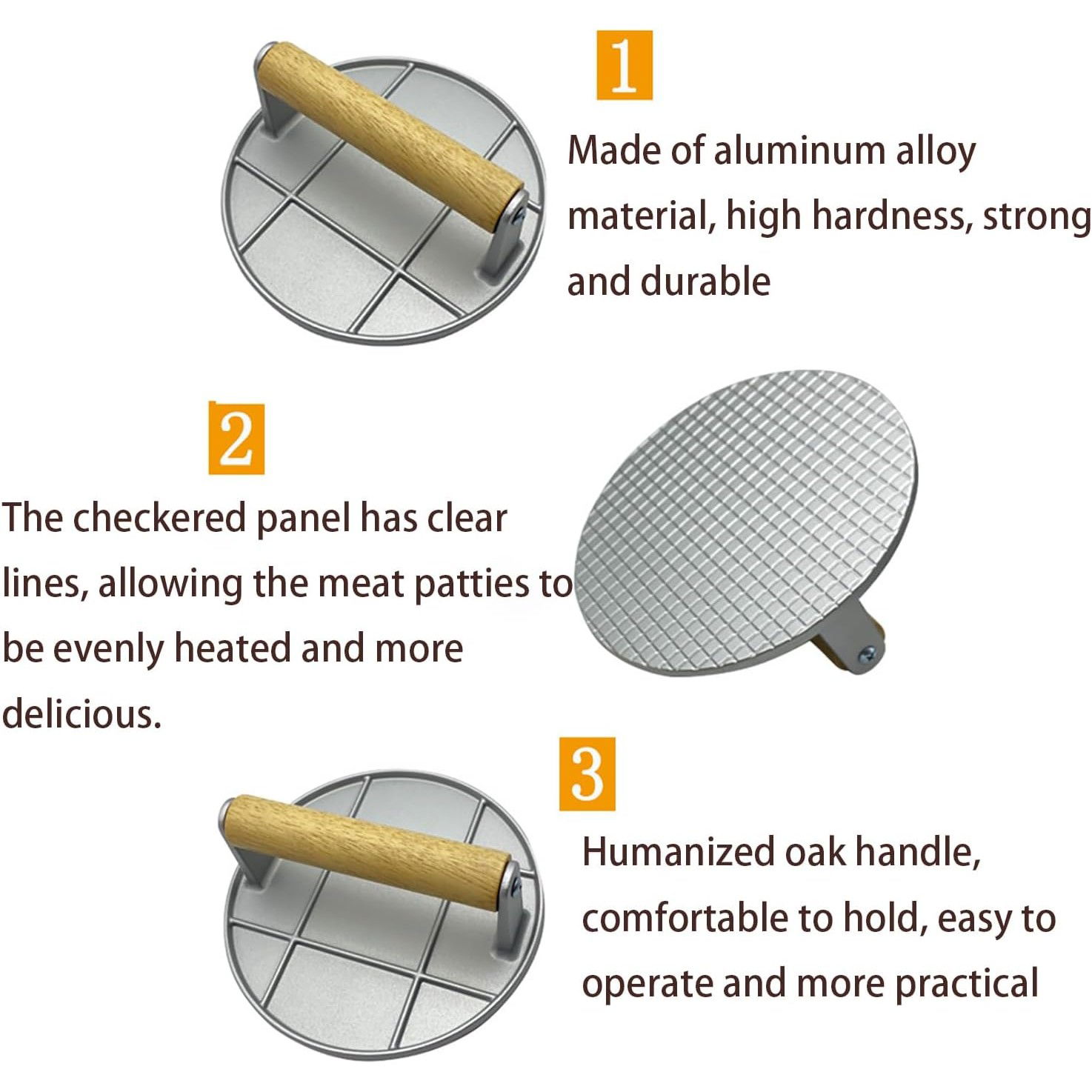 Presa Manuala pentru Carne, Flippy, din Aliaj de Aluminiu, Maner din Lemn, Presa pentru Burgeri, Usor de Curatat si Folosit, Rotunda, 16x16x6 cm, Gri [5]