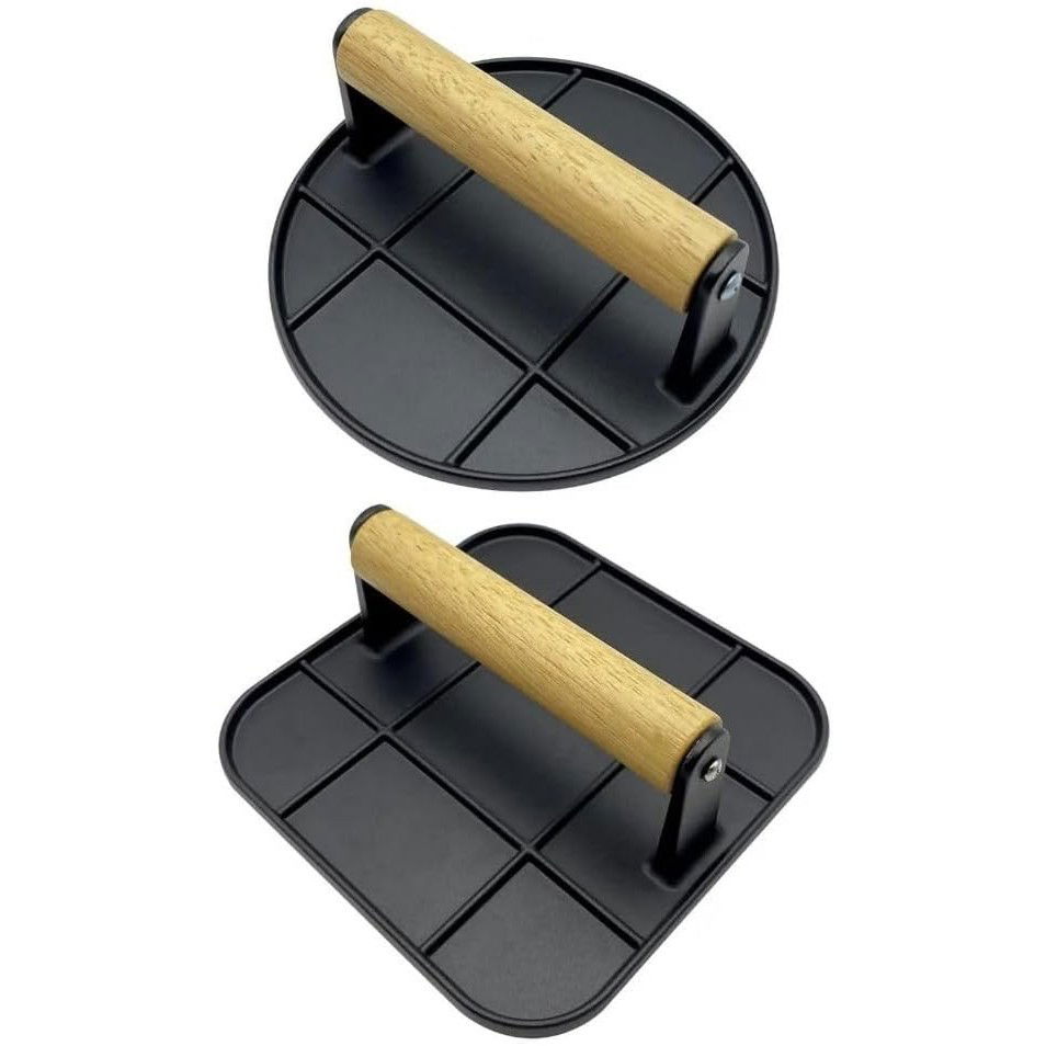 Presa Manuala pentru Carne, Flippy, din Aliaj de Aluminiu, Maner din Lemn, Presa pentru Burgeri, Usor de Curatat si Folosit, Rotunda, 16x16x6 cm, Neagra [5]