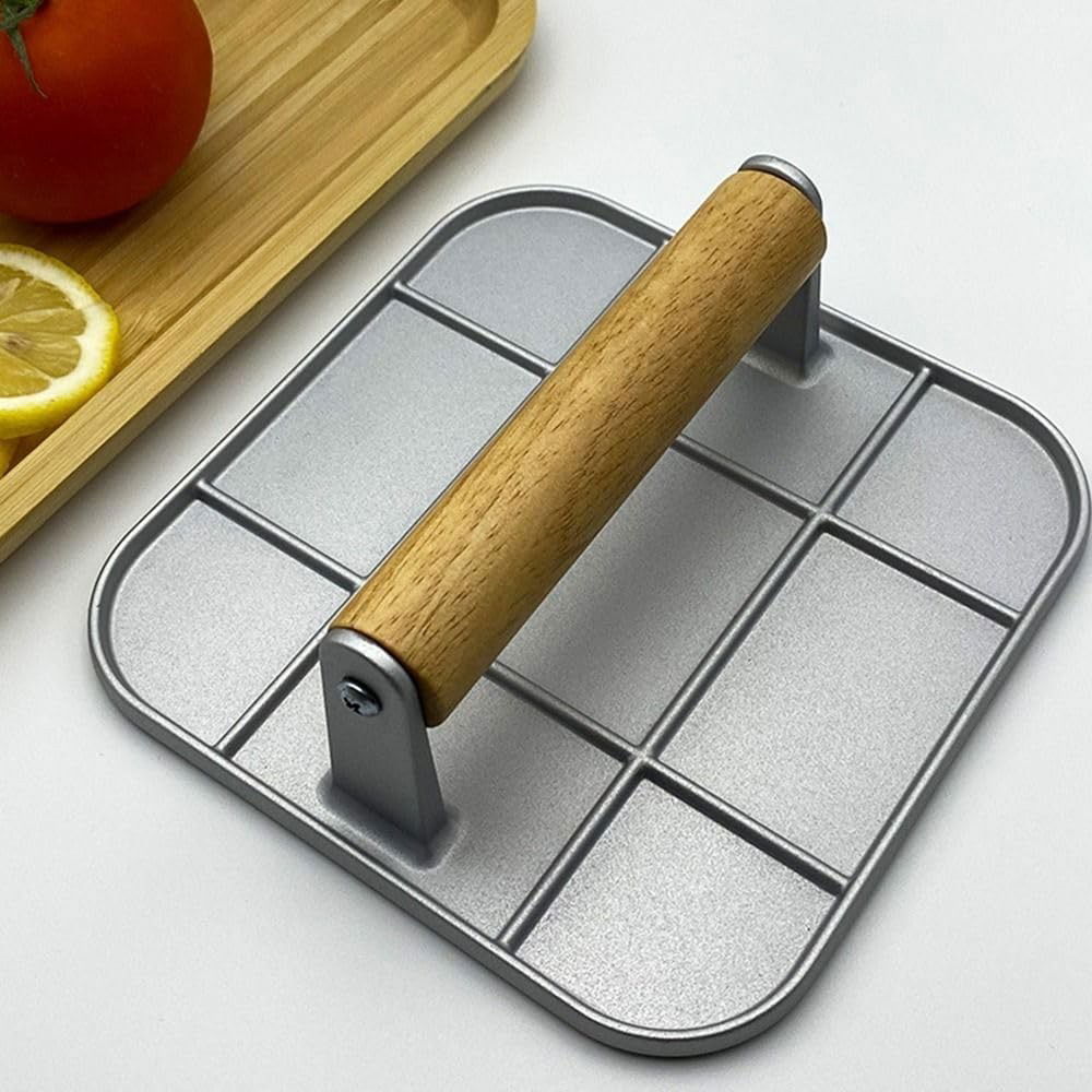 Presa Manuala pentru Carne, Flippy, din Aliaj de Aluminiu, Maner din Lemn, Presa pentru Burgeri, Usor de Curatat si Folosit, Patrata, 16x16x6 cm, Gri [4]