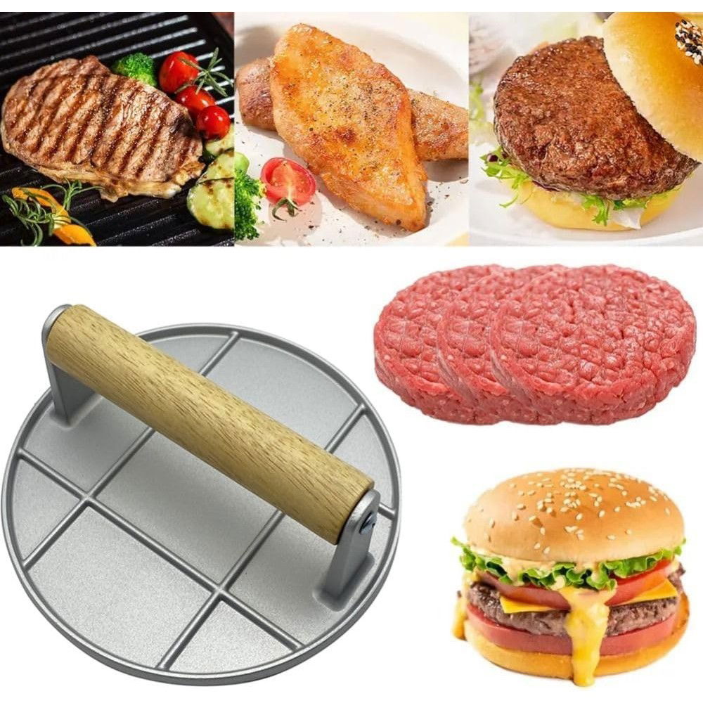 Presa Manuala pentru Carne, Flippy, din Aliaj de Aluminiu, Maner din Lemn, Presa pentru Burgeri, Usor de Curatat si Folosit, Rotunda, 16x16x6 cm, Gri [4]