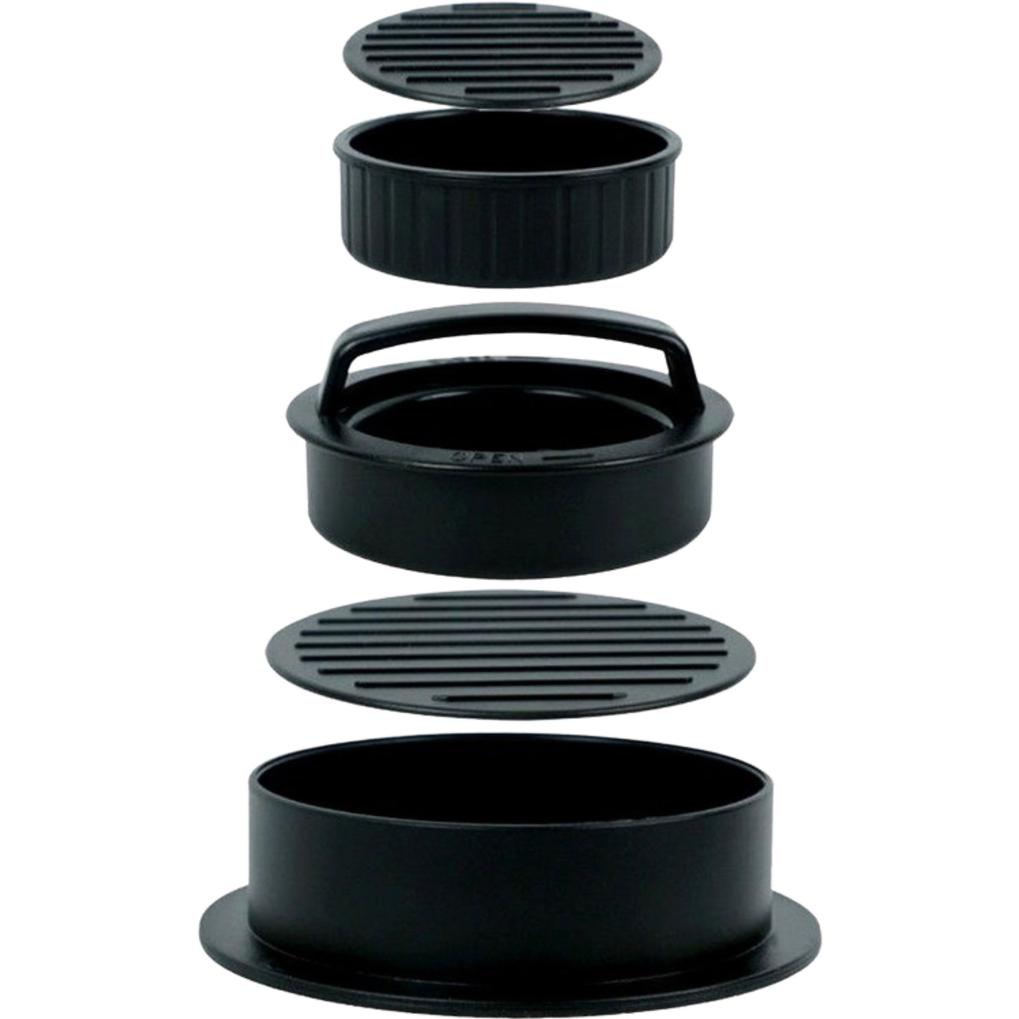 Pentru casa - Presa dubla pentru hamburgeri 2 in 1, forma si presa, doua dimensiuni, cu maner, usor de curatat si folosit, material ABS, 100 de foi hartie de copt incluse, 13x13.5x7 cm, fara lipire, neagra