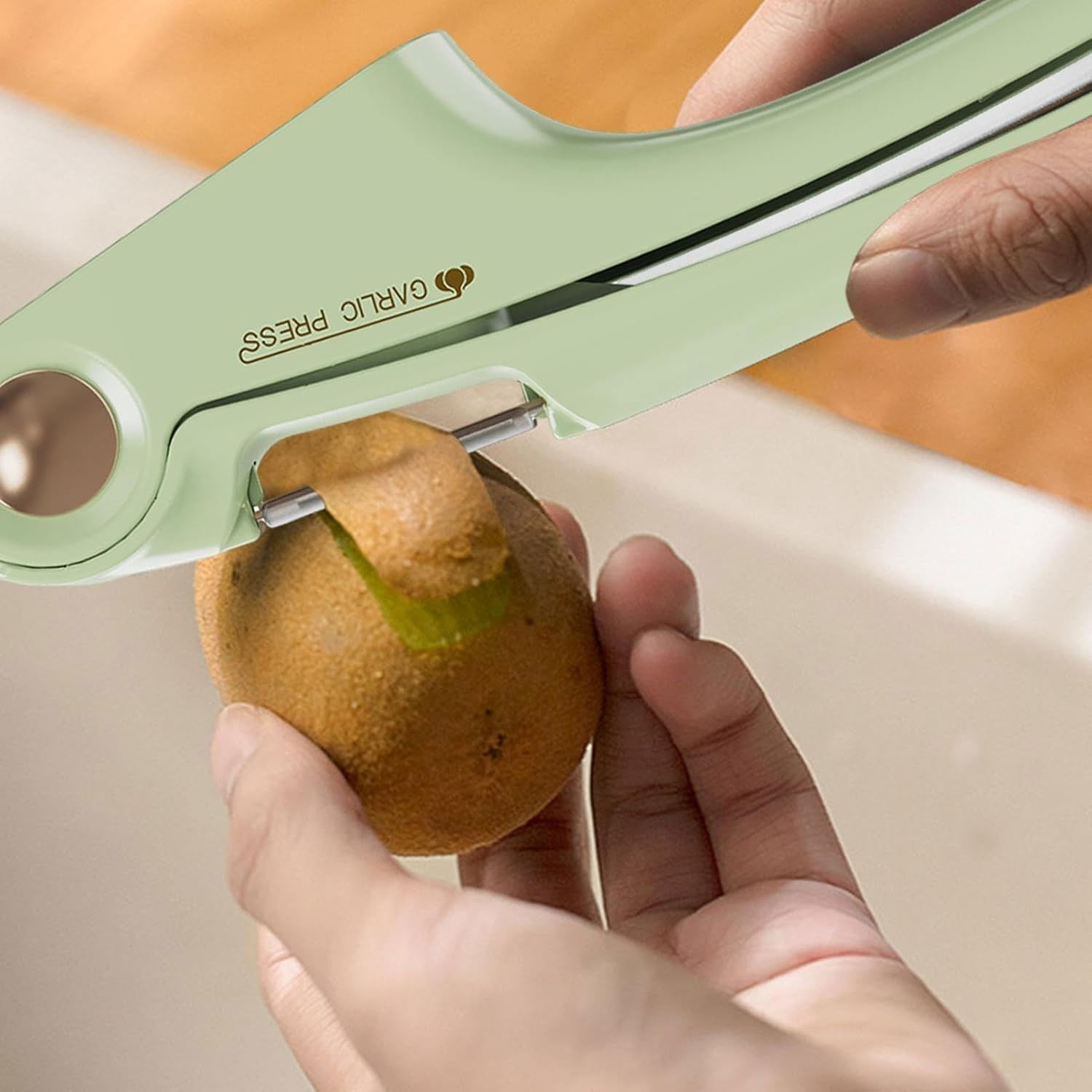 Presa Multifunctionala pentru Usturoi 4in1, Flippy, Presa, Feliator, Desfacator de Borcane, Curatator Fructe/Legume, 22 x 8.8 cm, Verde [5]
