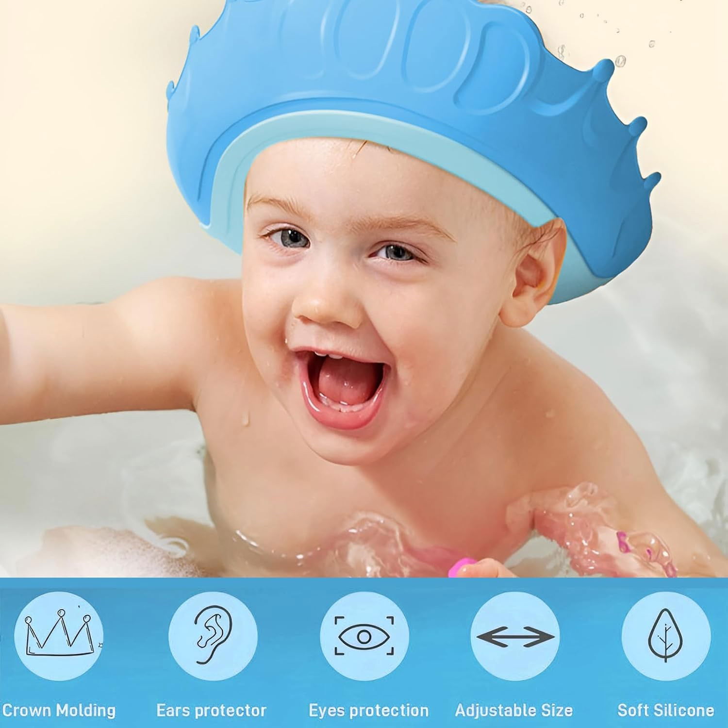 Viziera de Protectie Baie Pentru Copii, Fippy, Model Coronita, Dimensiune ajustabila, Durabil, Usor de curatat, Impotriva Samponului, pentru Ochi si Urechi, TPE+PP, 24x22 cm, Albastru [6]