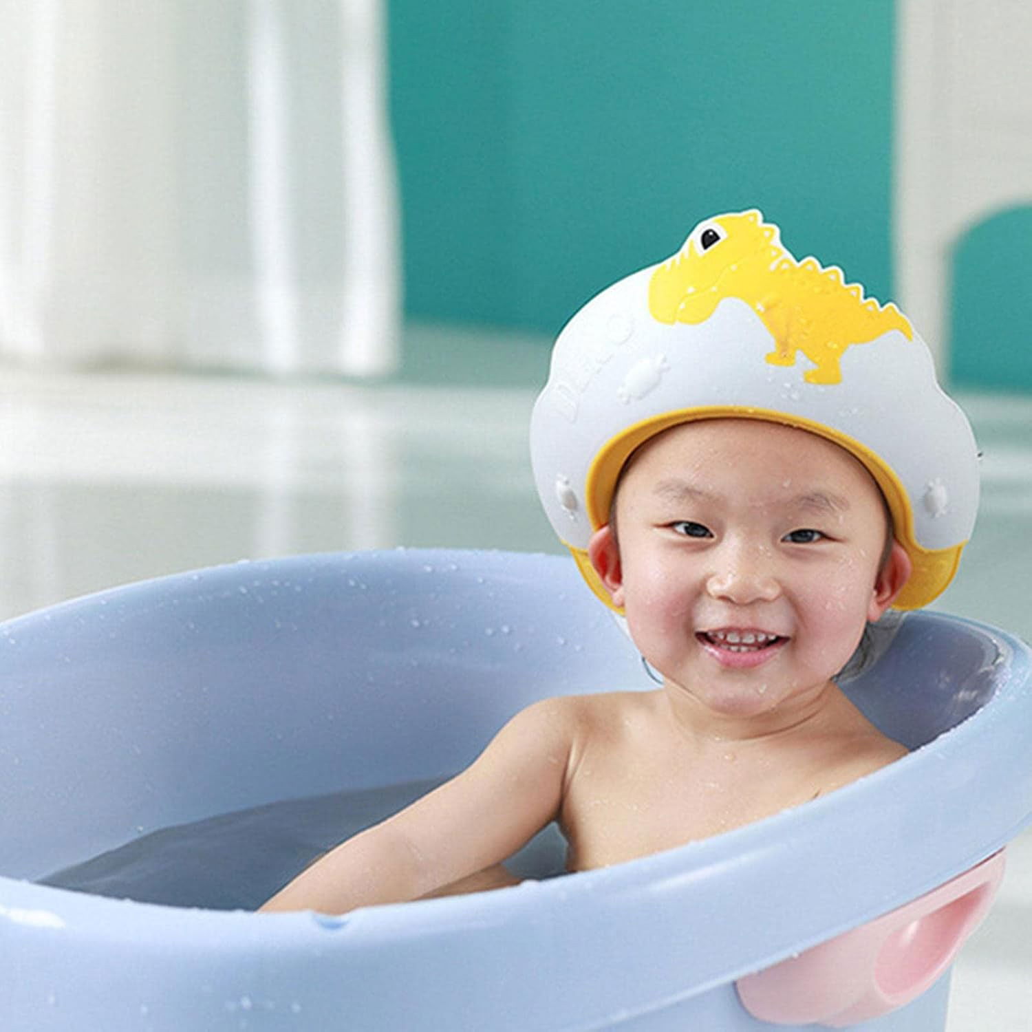 Viziera de Protectie Baie Pentru Copii, Fippy, Model Dinozaur, Dimensiune ajustabila, Durabil, Usor de curatat, Impotriva Samponului, pentru Ochi si Urechi, TPE+PP, 22x21 cm, Galben [9]