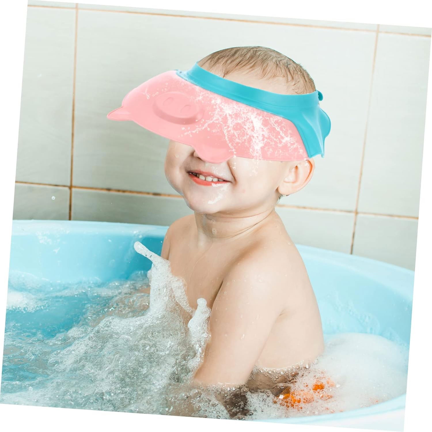 Viziera de Protectie Baie Pentru Copii, Fippy, Model Purcelus, Dimensiune ajustabila, Durabil, Usor de curatat, Impotriva Samponului, pentru Ochi si Urechi, TPE+PP, 23x23 cm, Roz [7]